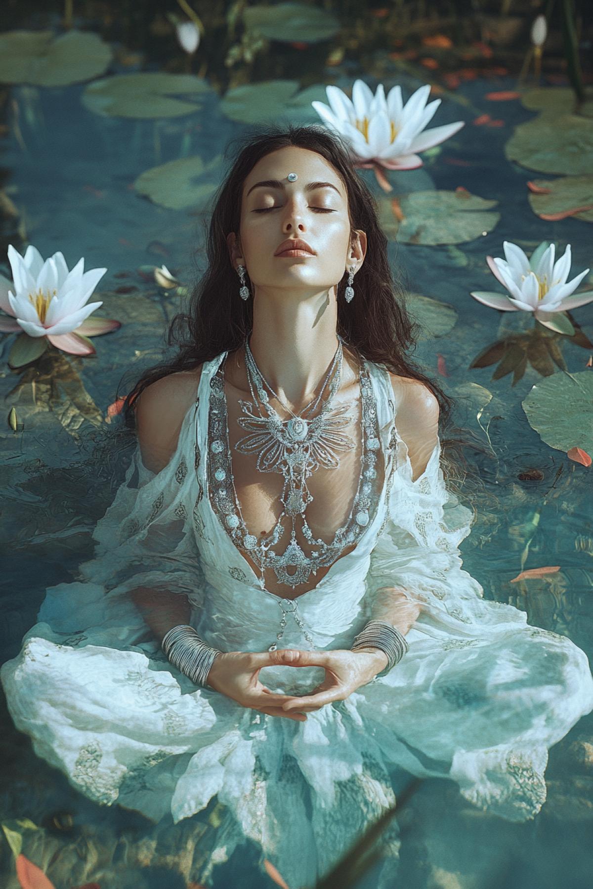 Vacation in Tibet: Silver, mandala in Tibetan style, jewelry, necklace, girl in lotus 4k meditating, lotus, lilies, wearing silver bracelets, double exposure, girl in Salvador Dali style, style raw