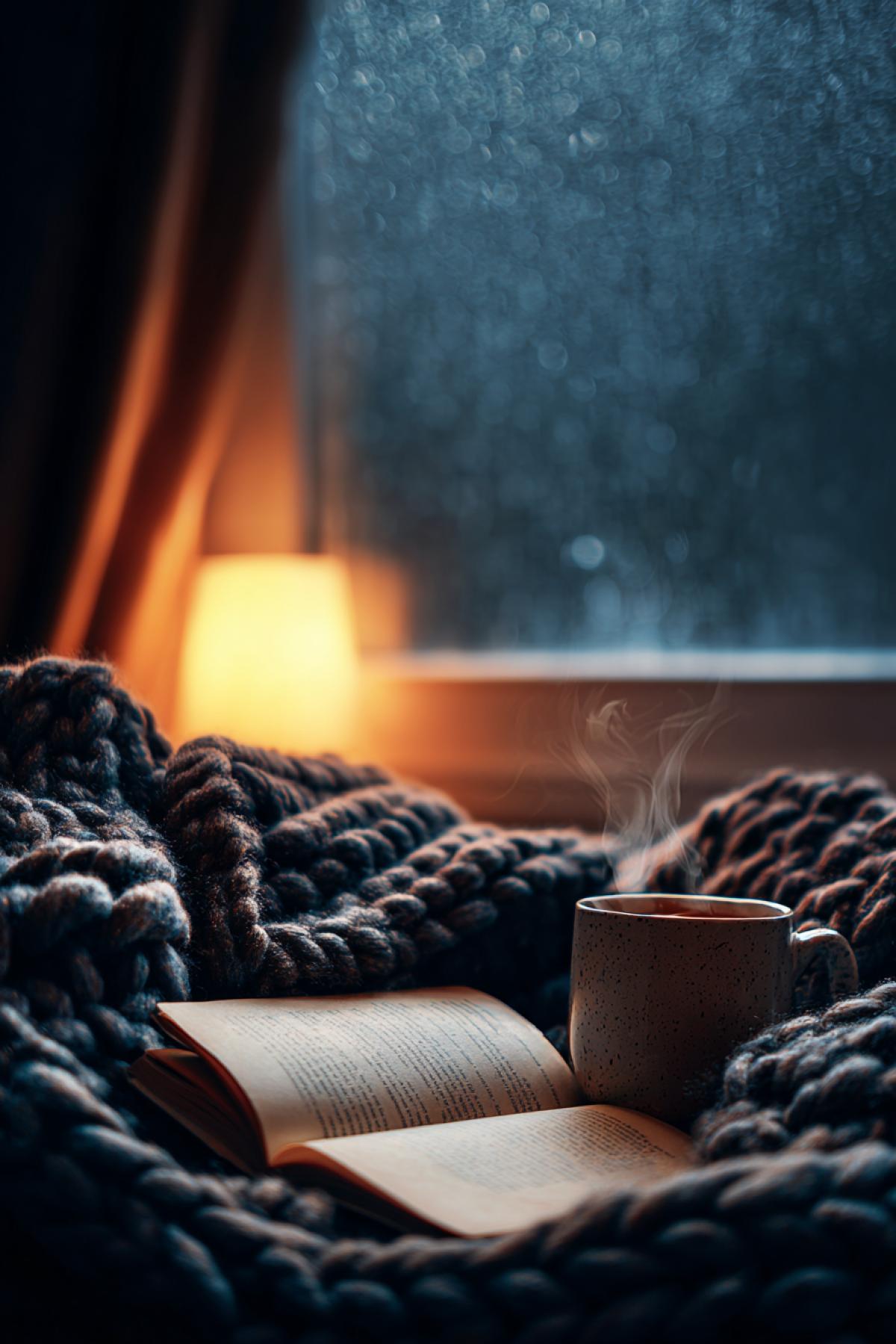 A perfectly cozy reading nook at night. A person wrapped in a chunky knit blanket is reading a book, only their hands and the book are visible. Soft glow from a single lamp illuminates the steam rising from a mug of tea, with a rainy window in the background. Cinematic, warm lighting, extremely cozy and peaceful, inviting atmosphere.