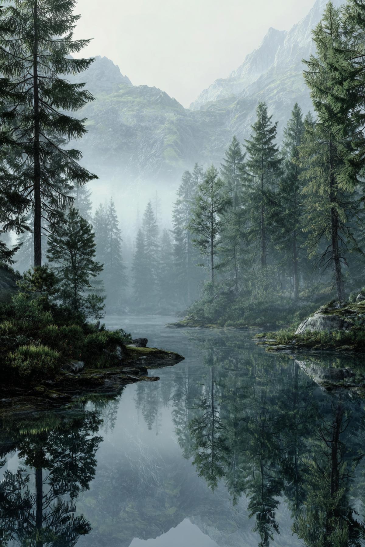 A perfectly still mountain lake at dawn, reflecting the surrounding pine forest. A thick, ethereal mist floats above the waters surface. The scene is soft and muted, in shades of green, grey and blue. Photorealistic, incredibly detailed, serene, tranquil, sense of deep peace.