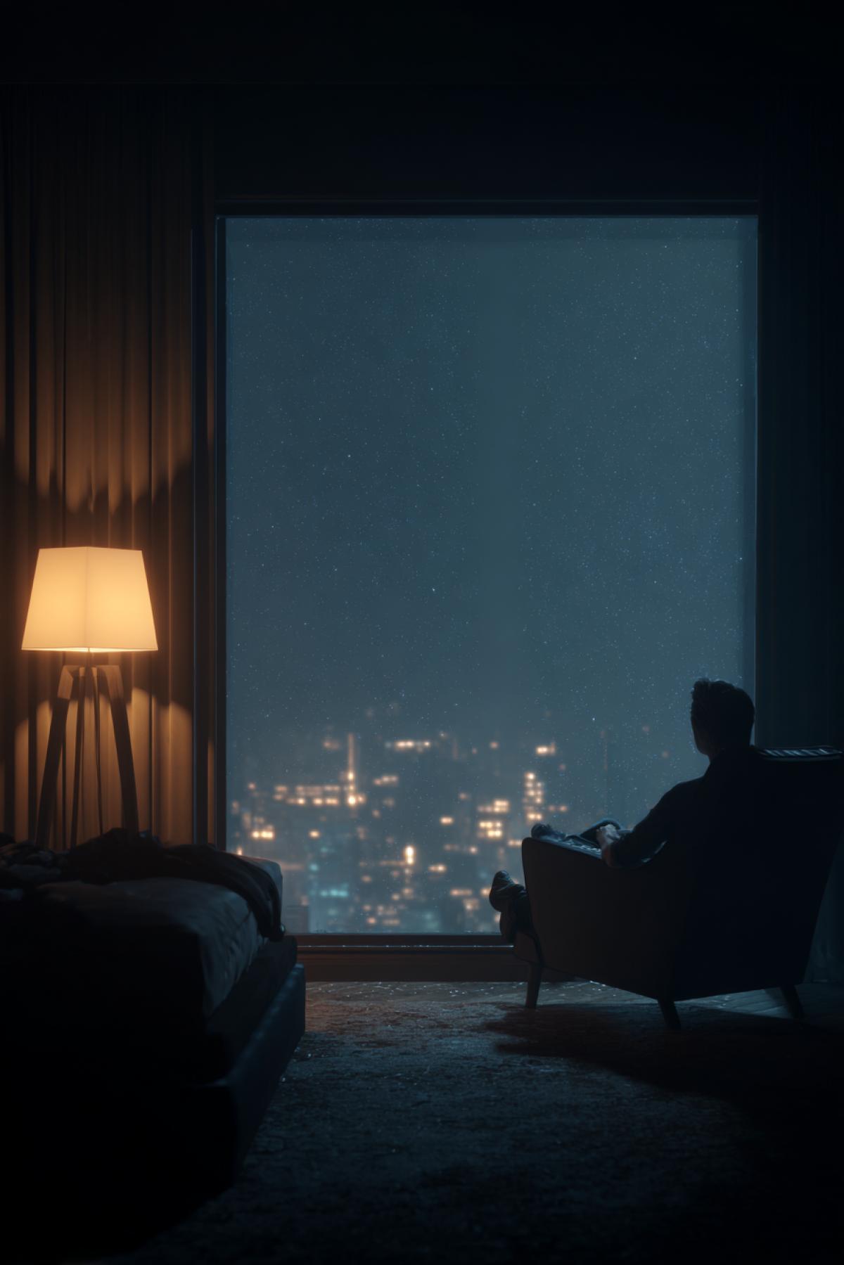 A peaceful, minimalist bedroom at night. A single person sits in a comfortable armchair by a large window, looking out at the quiet, rain-slicked streets and distant city lights. The room is lit only by the soft glow of a floor lamp, creating a warm, 4k bubble. Cinematic, moody lighting, cozy and contemplative atmosphere.