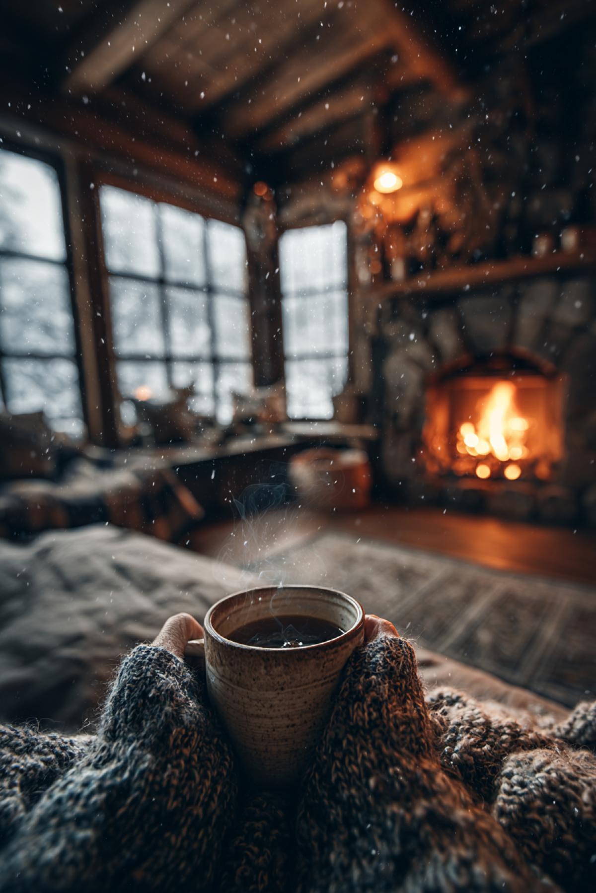 An 4k scene inside a rustic wooden cabin during a heavy snowfall. A persons hands are wrapped around a steaming mug of tea, a soft knitted blanket pulled up to their chin. In the background, a crackling fire in a fireplace illuminates the room with a warm, flickering glow. The window is frosty, with large snowflakes falling outside. Extremely cozy, hyper-realistic, cinematic lighting, sense of absolute safety and warmth.