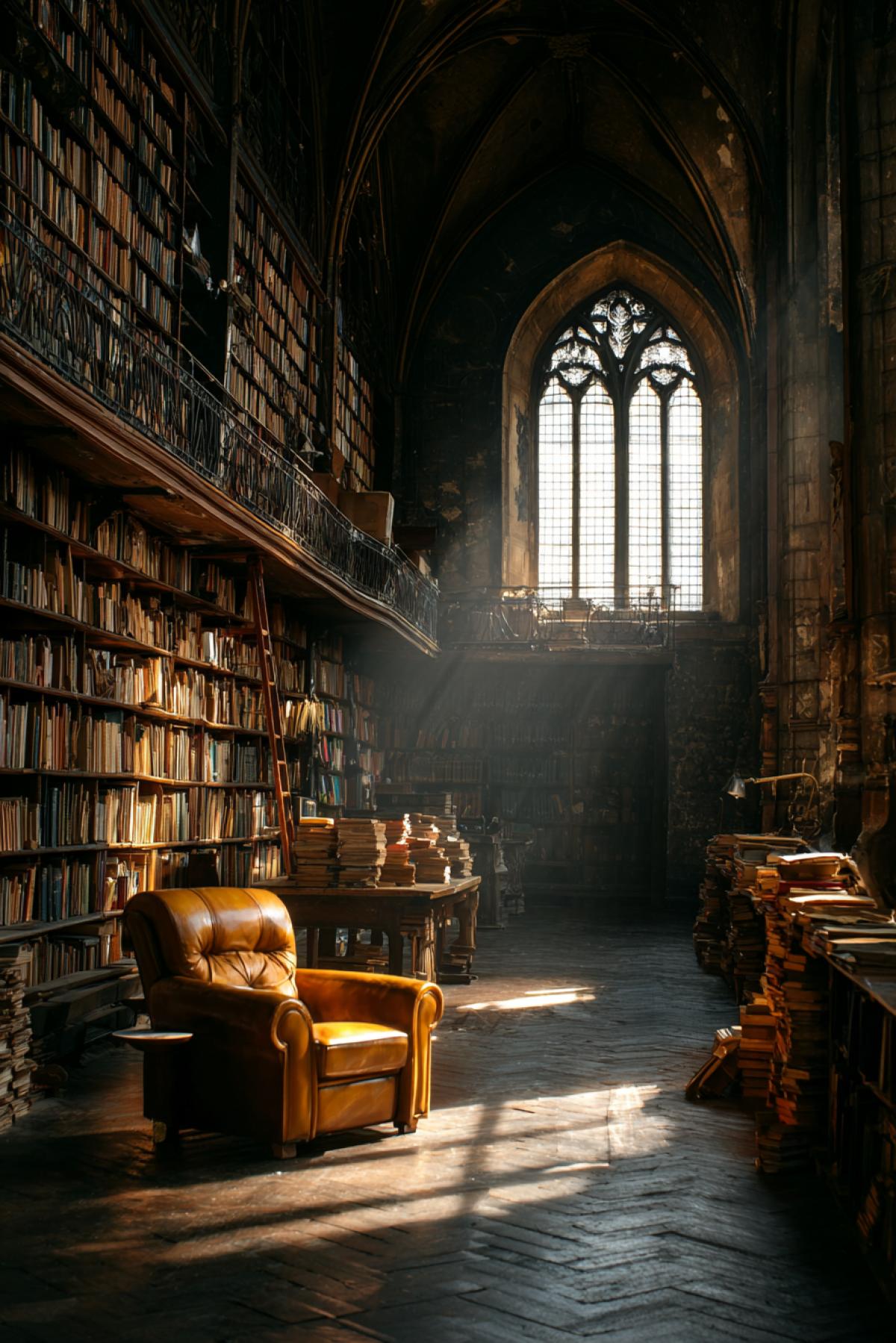 The interior of a vast, empty, ancient library at golden hour. Countless books line the oak shelves, and motes of dust dance in the slanted rays of the setting sun that pour through a large arched window. A single, comfortable leather armchair sits in a pool of light, waiting. Peaceful, nostalgic, warm lighting, hyper-detailed, awe-inspiring sense of silence and tranquility.