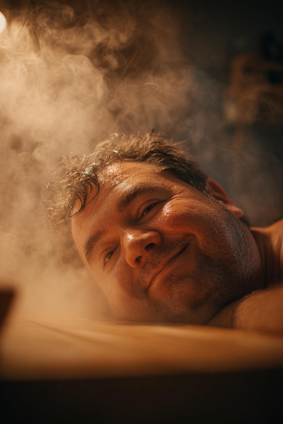 A chubby cute man lies on a shelf in a Russian banya. A thin banya attendant vigorously whips him with an oak venik (bathroombroom). Close-up on the mans very relaxed and content face, showing sweat droplets on his forehead and a serene smile. Shallow depth of field, clouds of steam, warm lighting, hyperrealistic.