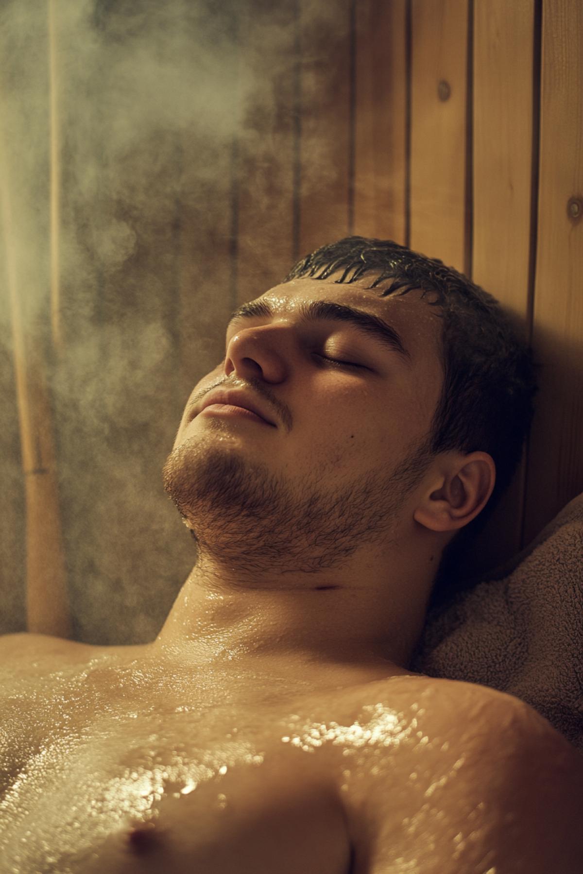 A chubby cute man lies on a shelf in a Russian banya. A thin banya attendant vigorously whips him with an oak venik (bathroombroom). Close-up on the mans very relaxed and content face, showing sweat droplets on his forehead and a serene smile. Shallow depth of field, clouds of steam, warm lighting, hyperrealistic, 8k.