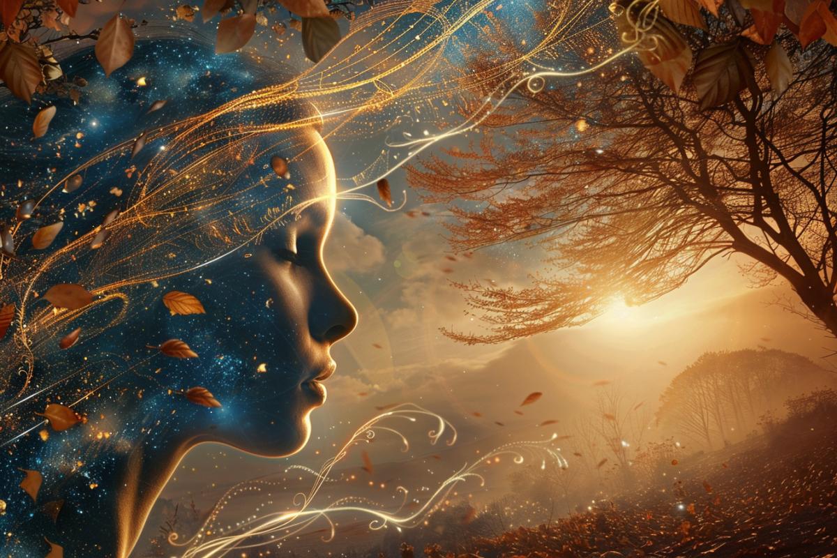 Envision double exposure image of beautiful woman silhouette of Mother GAIA in the sky weaving together colorful threads of gold orange red and yellow colored threads Into landscape of glorious Autumnal day with the wind blowing and leaves falling from the trees incorporate this image on the sky sharp focus double exposure by yukisakura stunning full color the sun is shining through the trees and casting dappled shadows of light and shade Show fine texture that appears to be woven thread most beautiful mystical and magical aspect highly detailed UHD resolution and clarity masterpiece ar owm