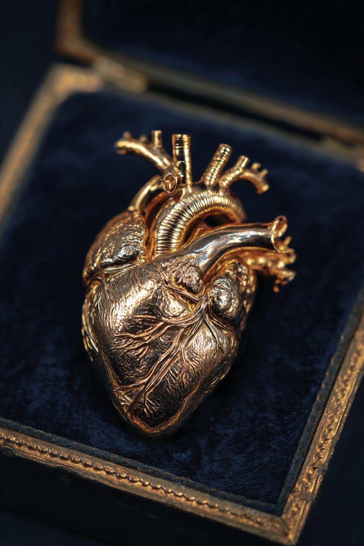 Heart of gold detailed anatomically reliable construction in jewelry casket of dark velvet macro photo cinematographic illumination gloss shine