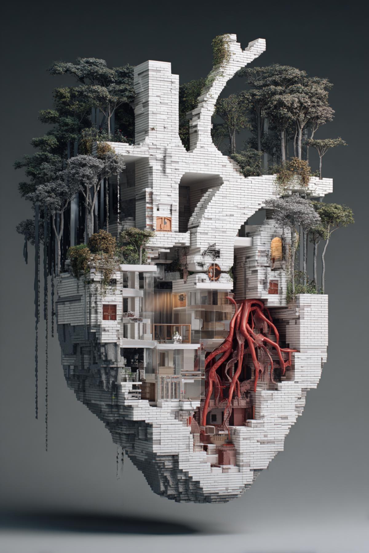 Cross section of anatomically reliable heart built of bricks concrete aluminium and glass in magic mystical surrounding dark forest