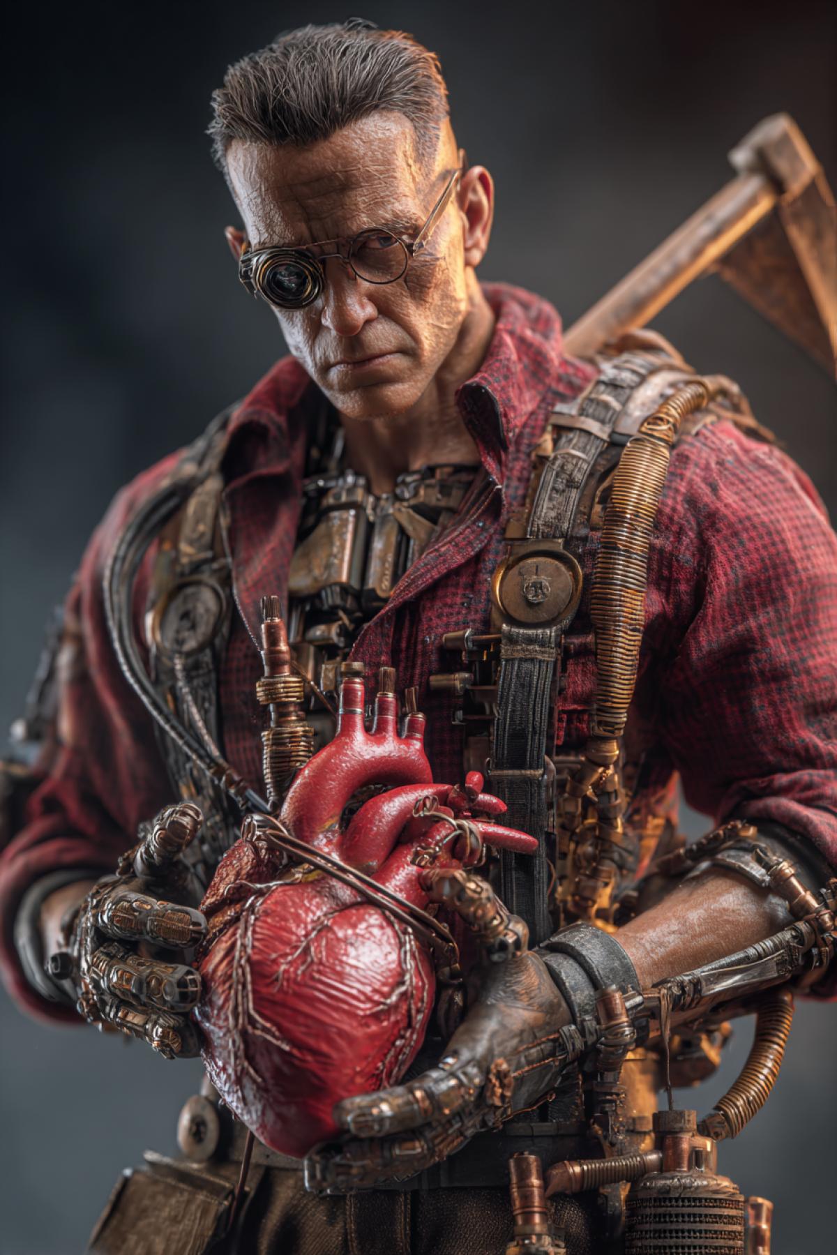 Terminator T-800 dressed as a typical lumberjack in red checkered shirt and suspenders, holds an anatomically correct human heart with steampunk elements: brass pipes, copper wires, and small moving gears. An axe rests against his shoulder. The heart is the center of the com4k. Shallow depth of field, hyperrealistic, cinematic lighting, 8k.