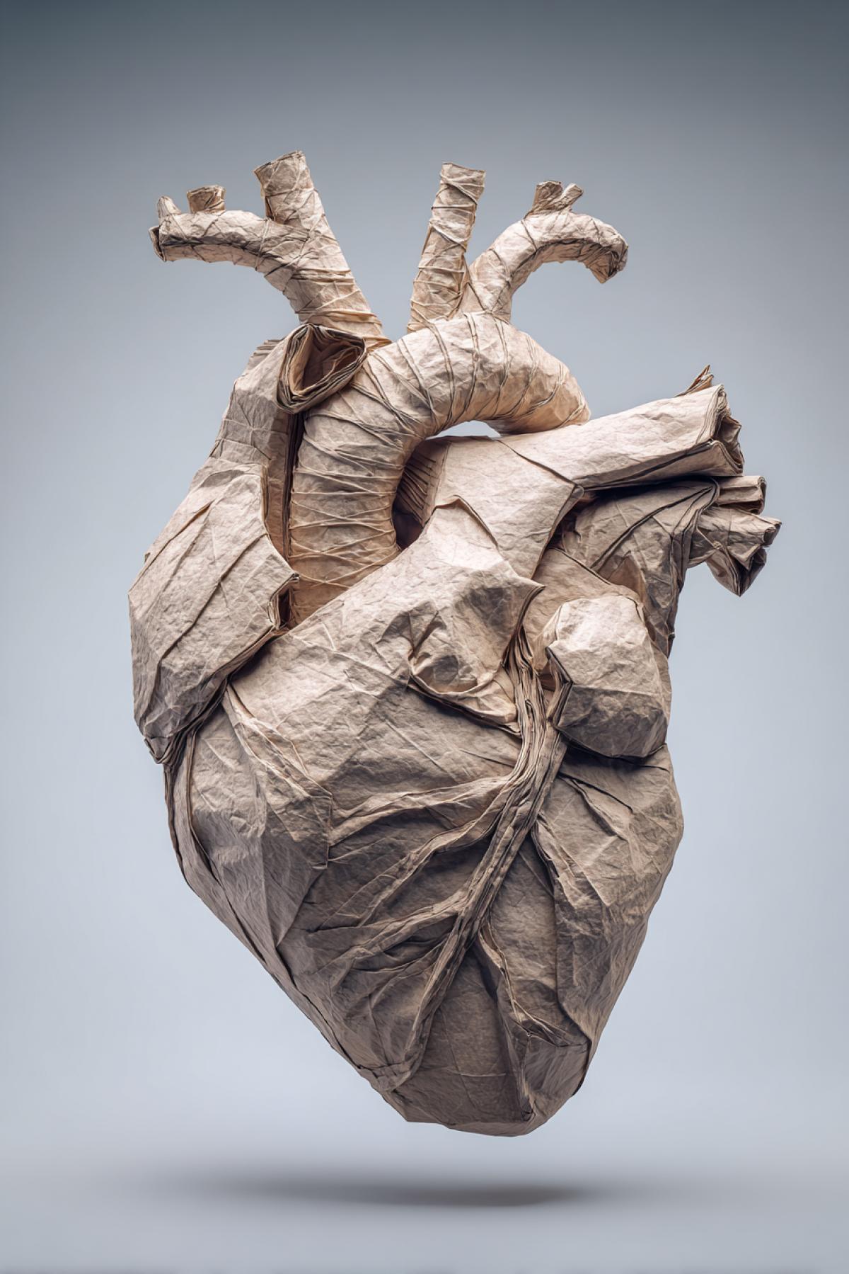 An anatomically correct heart made in origami style from delicate paper, with visible folds and creases. Soft shadow emphasizes the volume and intricate folding technique. Hyperrealistic, soft lighting, shallow depth of field, 8k.
