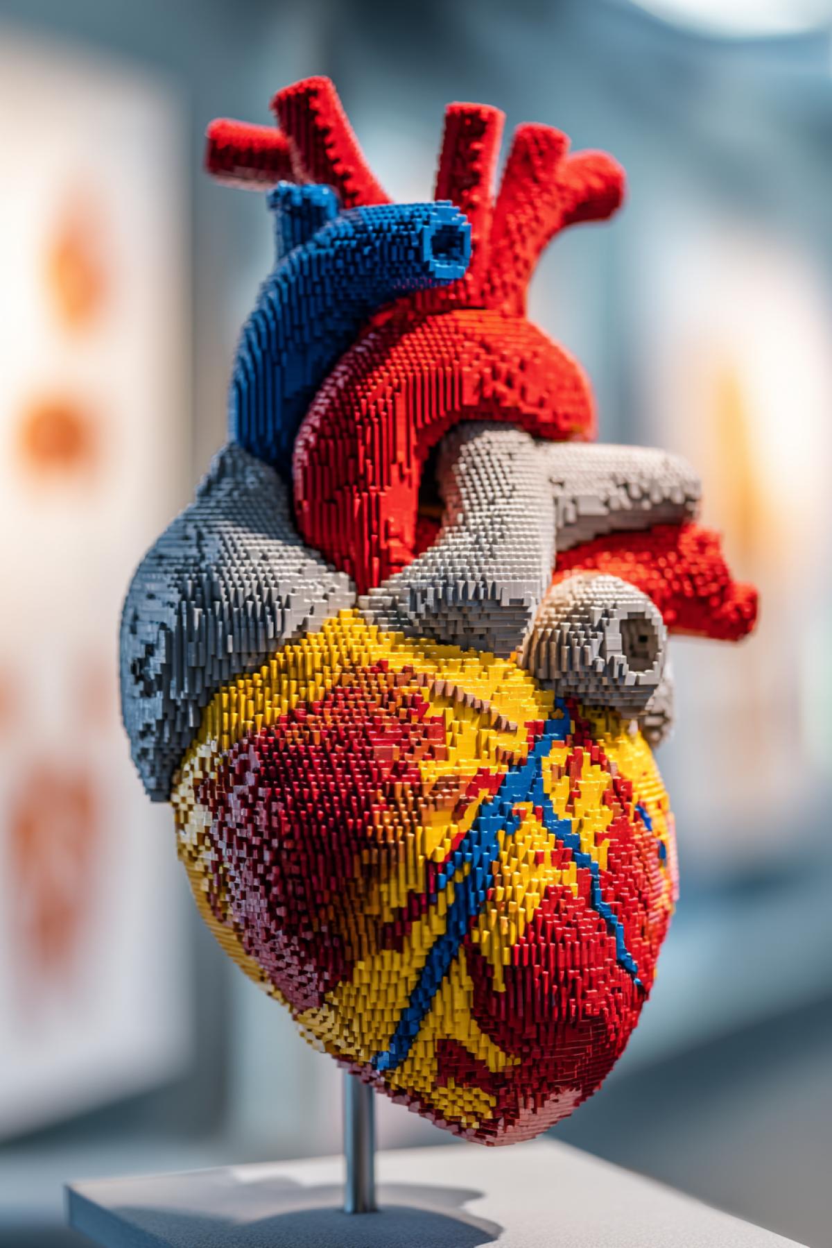 Anatomical educational model in a medical institute. A human heart model assembled from LEGO bricks, showing accurate anatomical structures: ventricles, atria, and major red liquid vessels using different colored bricks. Displayed on a medical stand in a lecture hall with blurred background of anatomical posters. Professional lighting highlights the plastic texture and intricate brick assembly. Hyperrealistic, detailed, 8k.
