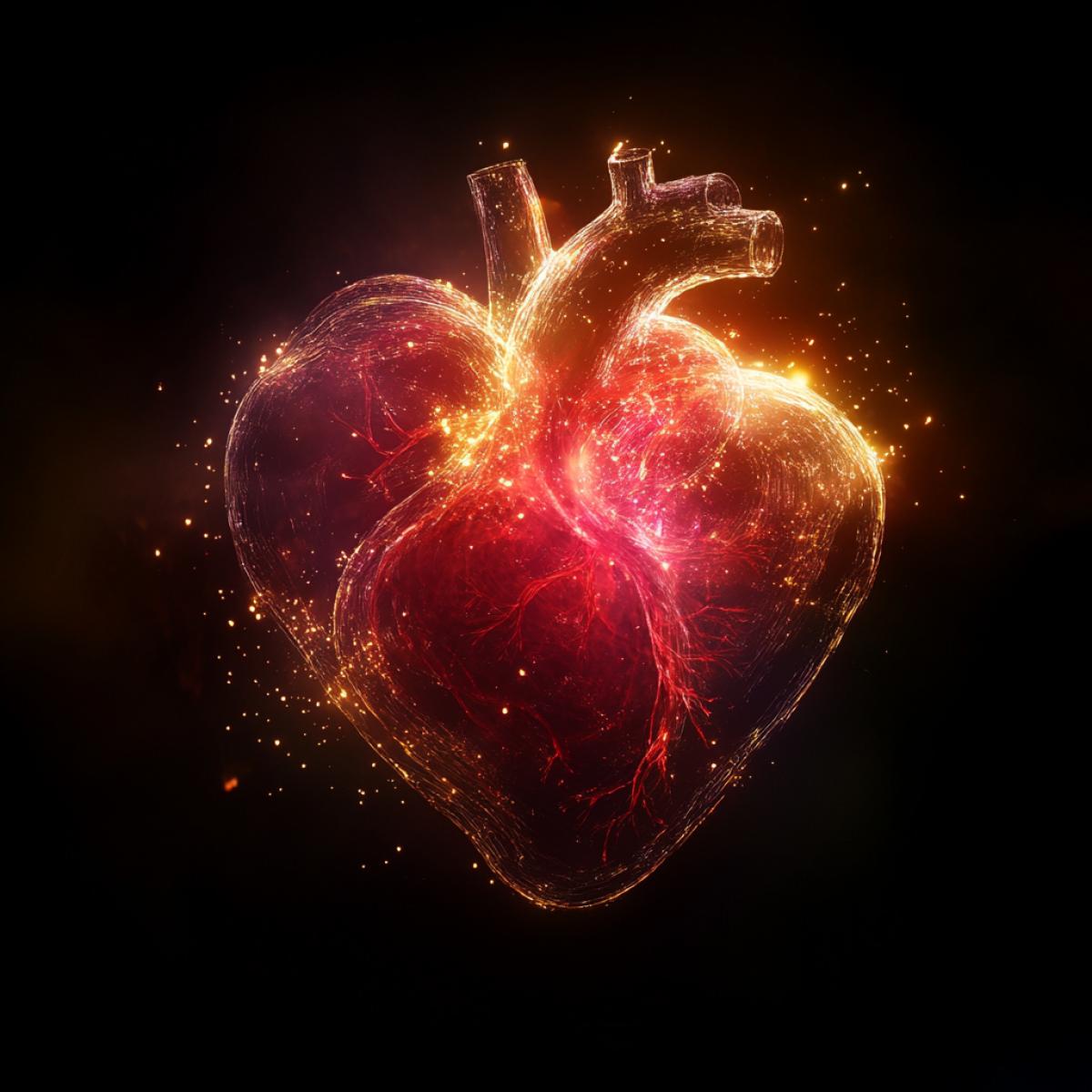 Transparent gas in the shape of an anatomical heart, ornate pattern, internal golden light, sparks, red and pink gas heart, dark deep background, transparent colored haze, fantasy, fabulously beautiful