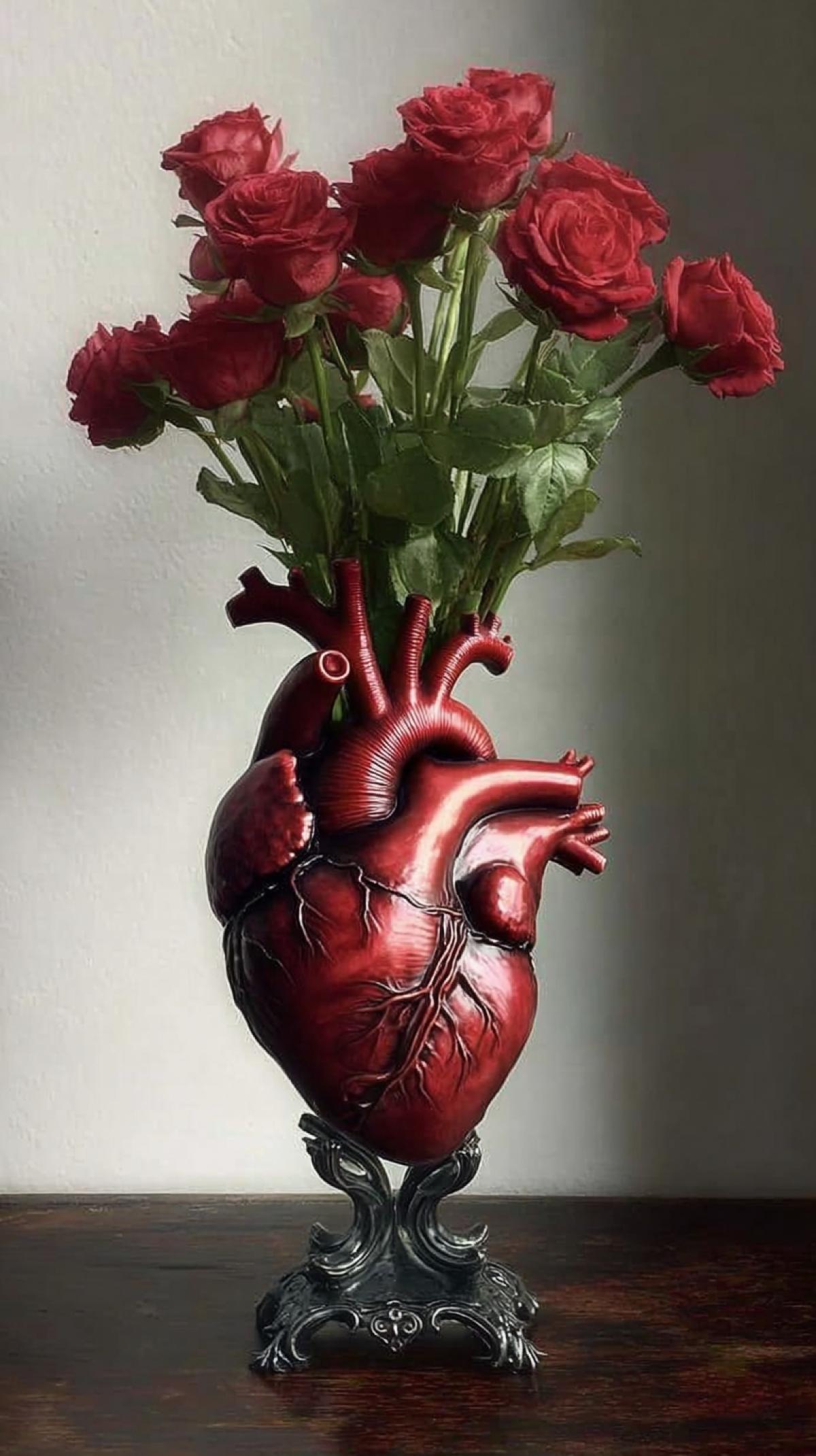 anatomical heart shaped like a vase with scarlet roses, photo