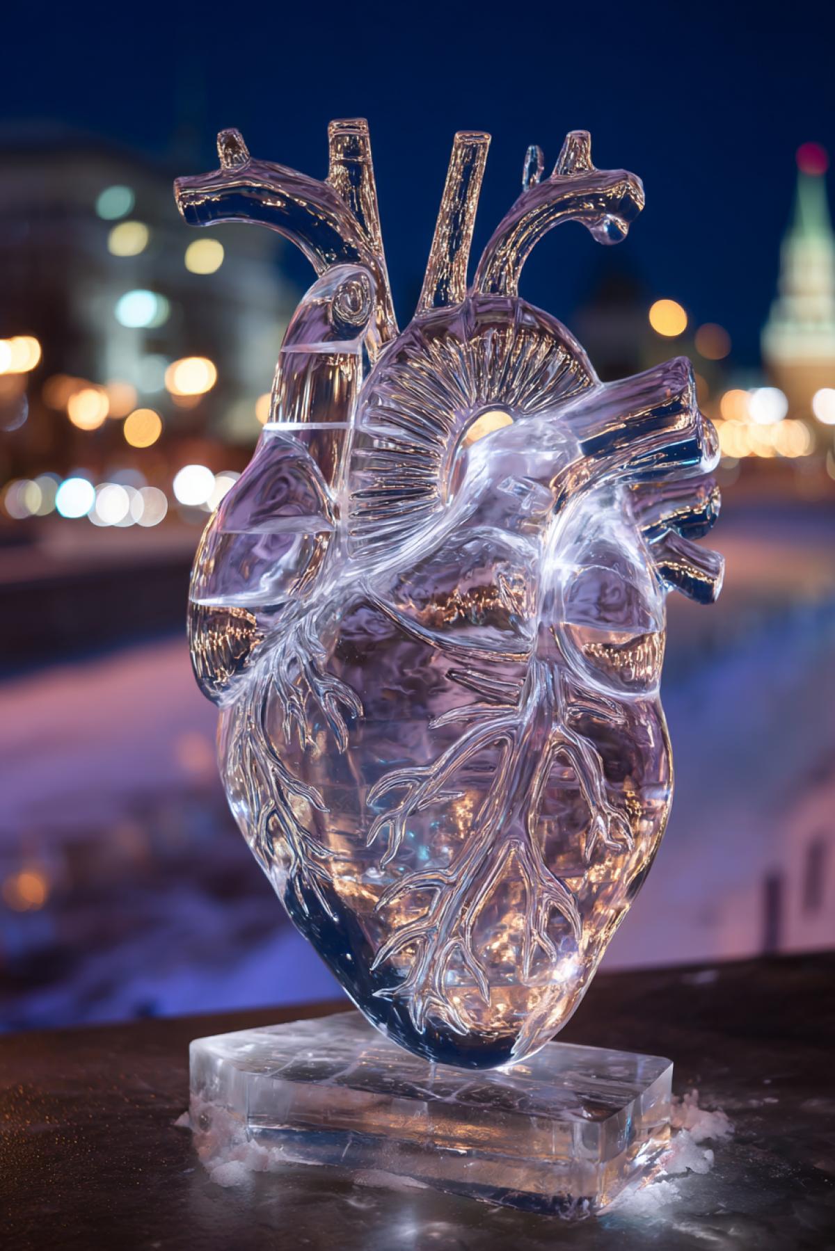 Moscow ice sculpture competition. Center of attention: an anatomically correct heart carved from ice, showing precise anatomical details: aorta, ventricles, and coronary vessels. Spotlights create beautiful refractions and internal glow within the ice. Background: winter Moscow at night with blurred lights of the Kremlin. Other ice sculptures visible in the background, out of focus. Hyperrealistic, sparkling ice texture, professional lighting, 8k.