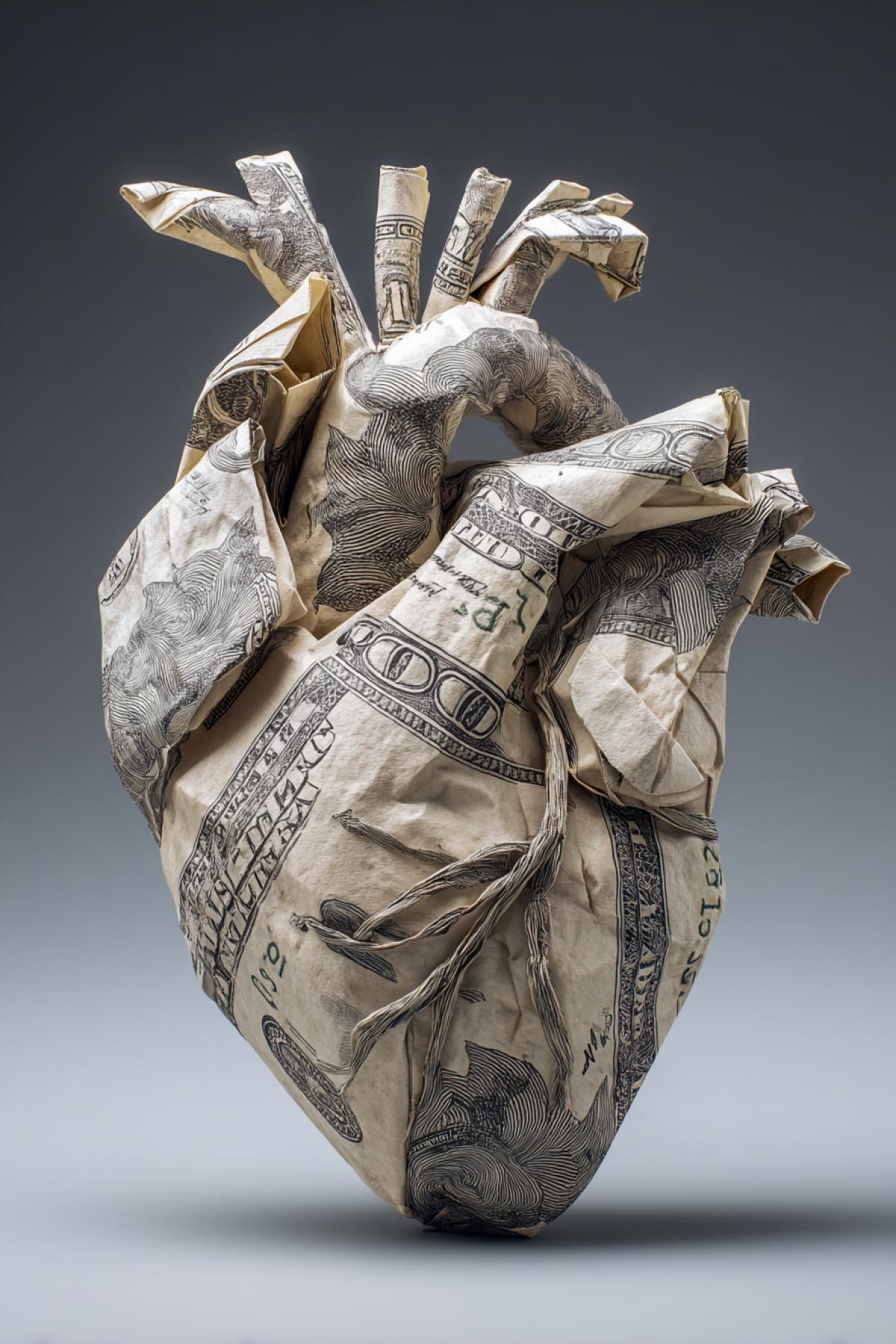 An anatomically correct heart made in origami style from US dollar bills, with visible folds and creases. Soft shadow emphasizes the volume and intricate folding technique. Hyperrealistic, soft lighting, shallow depth of field, 8k.