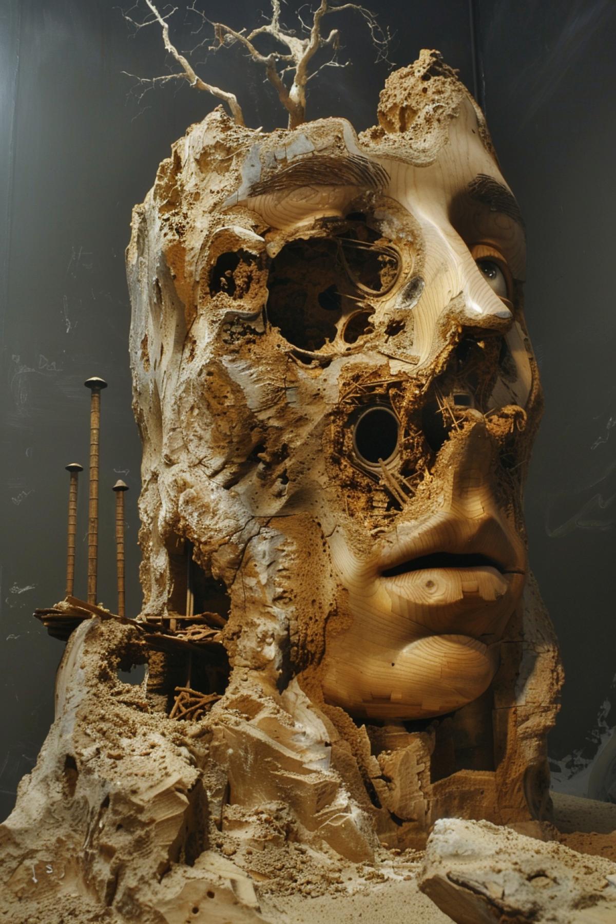 Tough construction with wheat amber wood and gastubes (Premonición de la Guerra Global) in style of Salvador Dali