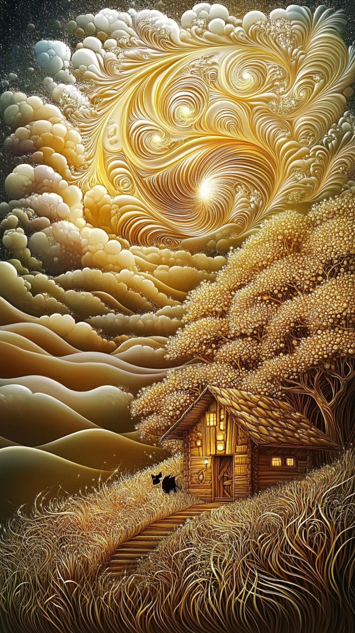 fluid art landscape, night, clouds, fairy-tale cartoon house, dark cat on the threshold, trees with curls, tall grass, golden fluffy flowers, op-art, golden moon in the form of a spiral, fluffy clouds, mysticism, fractals, grotex, gold, silver, orange, turquoise, dark blue, white threads, high resolution, high detail, attention to detail, dark botanical, dark fantasy, surrealism, hyperdetail