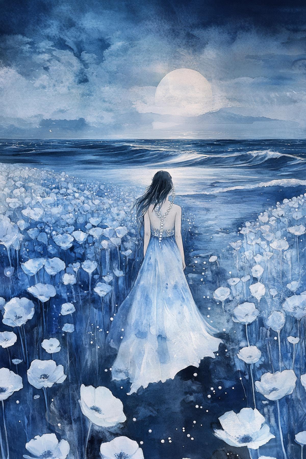 extraterrestrial space landscape, the rising of Jupiter is visible, a girl walks along the seashore, smiling mysteriously, in an ephemeral blue-white dress, a necklace on her neck, pearls in her hair, the shore consists of pearls, in the distance huge, like blue-white trees poppies to the sky, stylized watercolor, azhrograph painting, soft cinematic volumetric light, flowers, floral, perfect wide long shot, visual masterpiece, 8k