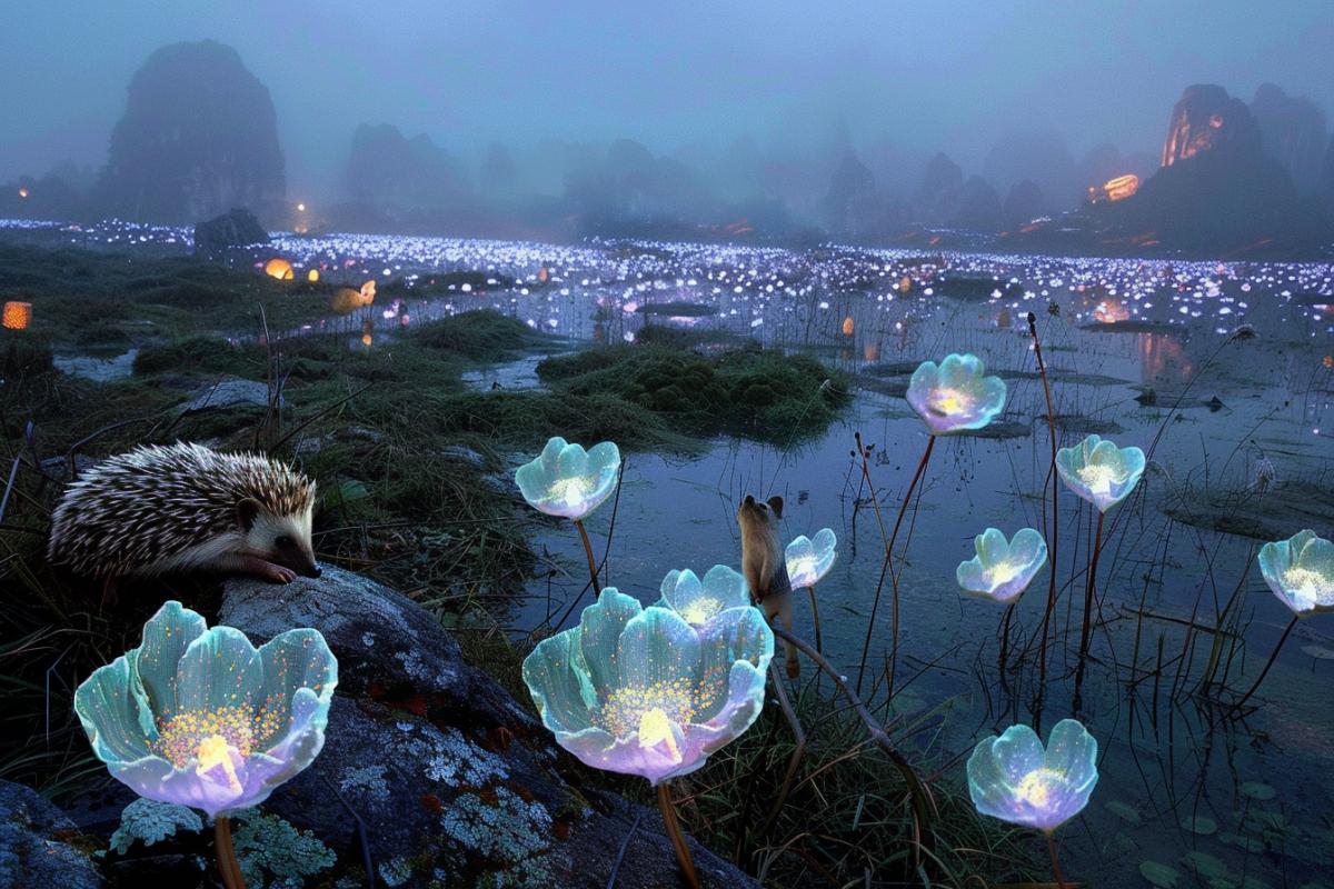 Gloomy sci-fi surrealism | Polymorphic abstract flowers with changing shapes and eerie beauty | a small hedgehog lies on its back among these flowers, holding a tiny white purse with its paws on its belly. Futuristic countryside under a dim alien sky | Landscape shot with shapes scattered across the area | Capricious weak light with faint reflections and shadows | many variations; otherworldly; atmospheric stylization 600