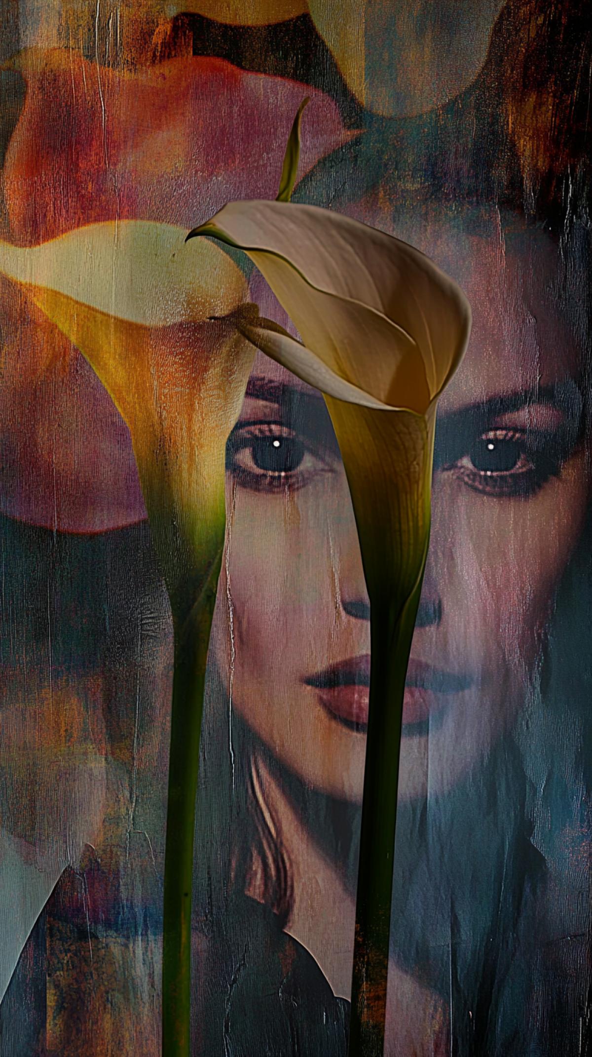 David Grossman style, abstract image of Calla Selina flowers against a background of a painting with a portrait of a woman sref 2217775886