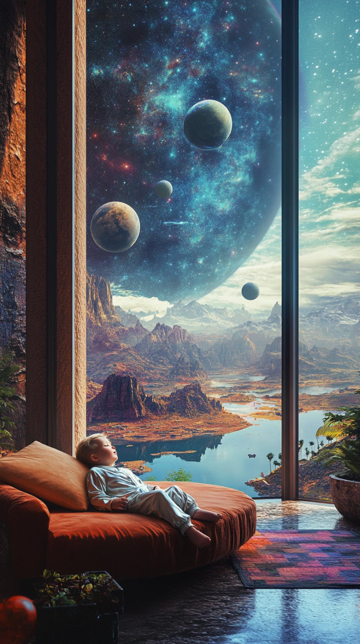 A colorful view of a modern interior, an open space, a glass atrium, where a little boy in a light-colored silk pajamas is sleeping on a sofa.retro-futuristic surreal architecture, a panoramic view of a futuristic landscape of a new galaxy with several moons, a place between mountains and lakes