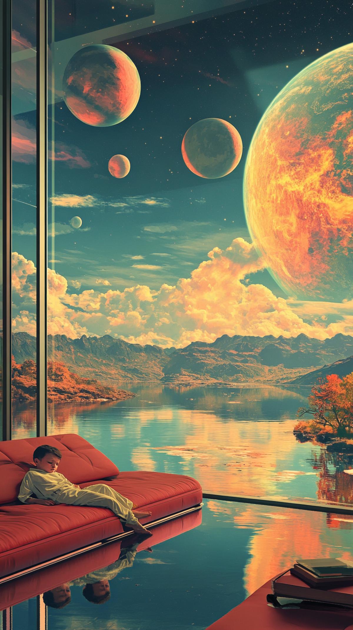 A colorful view of a modern interior, an open space, a glass atrium, where a little boy in a light-colored silk pajamas is sleeping on a sofa.retro-futuristic surreal architecture, a panoramic view of a futuristic landscape of a new galaxy with several moons, a place between mountains and lakes