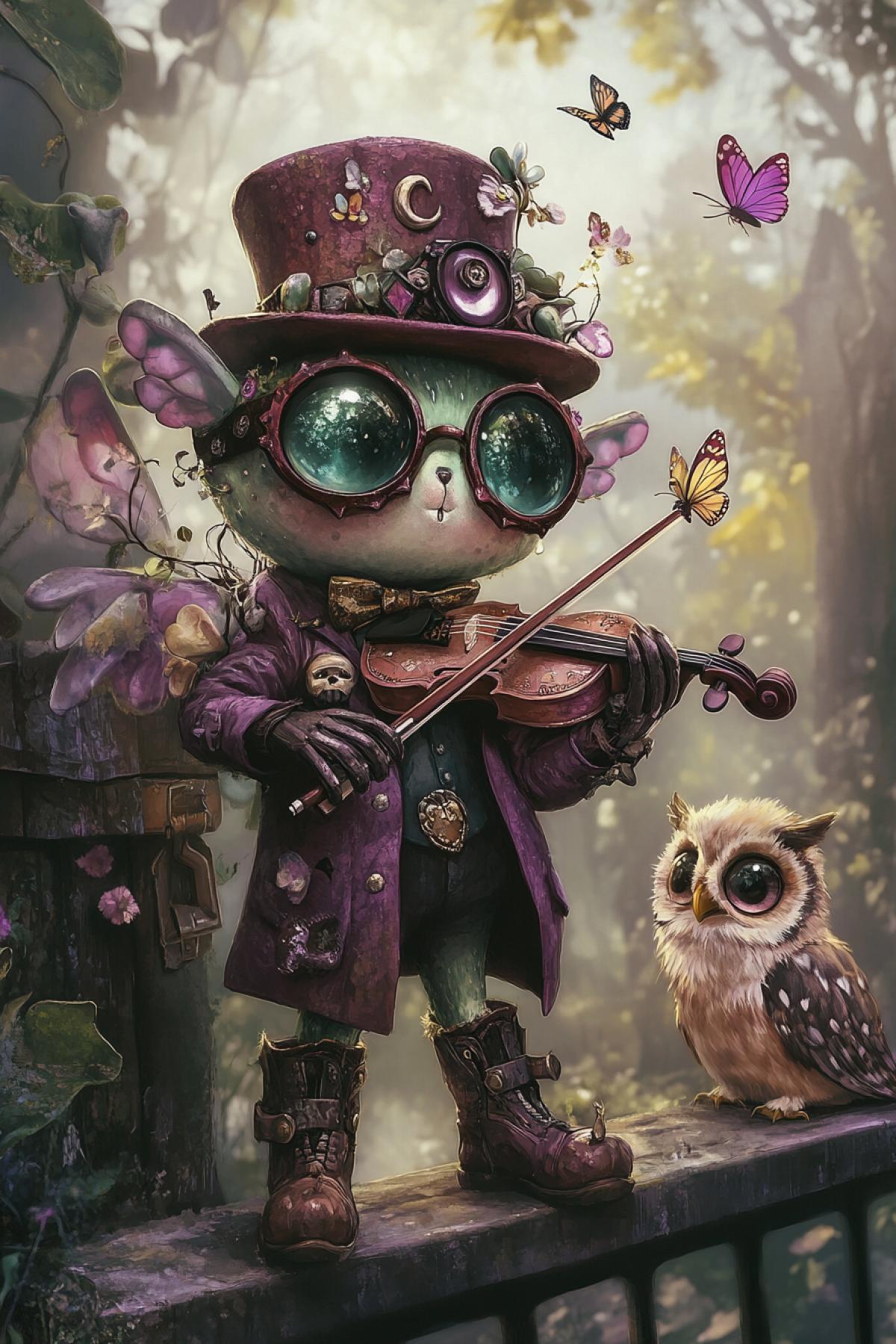 An anthropomorphic cactus in a suede or velvet frock coat, in the style of gothic and kawaii art, with shiny eyes, dark glasses, and butterflies, playing a small dark violin, next to it is a cute little fluffy owl sitting on a fence, on the anthropomorphic cactus is an Artgerm style top hat, suede or velour boots with buckles. The color palette includes purple, pink, dark, green, and lavender shades with accents of white. Cozy, very detailed soft natural lighting, Ghibi Studio style