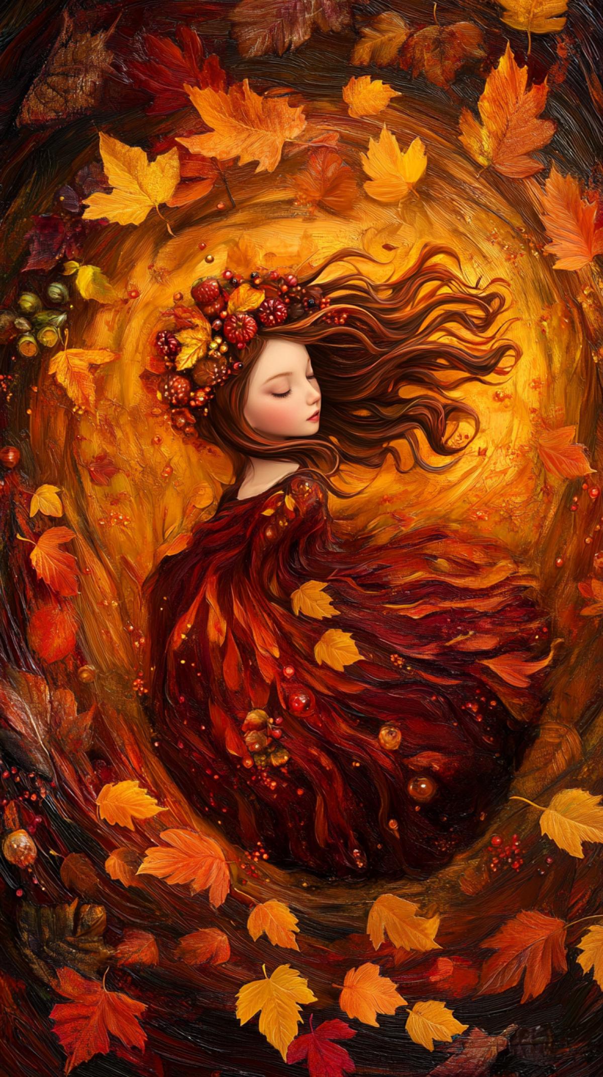 A dancing lady, autumn, flies in a crown of rowan berries, autumn leaves, and amber acorns. A refined face, style baby doll, lush long eyelashes, and long wavy copper hair are gathered into two buns on her head. A dress of dark autumn leaves flutters in the wind. In a spiral vortex of maple autumn leaves, a vortex of yellow and red leaves, electronic dots, light-emitting patterns, spectral pigments spread in the air, a bright amber backlight inside, a background of night on planet Earth, a view from orbit, sunrise, backlighting, diagonal view, professional photo, Ultra HD, high detail ar 9:16