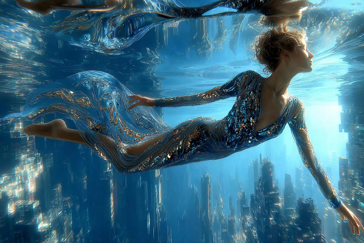 Conceptual fashion editorial, bright contrasting lighting | model as a spatial traveler in a flowing geometric outfit | surreal underwater cityscape with inverted gravity | wide-angle com4k, model floating in focus | Bioluminescent glow using HDR | Smooth architecture; submerged metropolis; immersive framing; enhanced by water lighting; ethereal immersion version 7 stylization 700