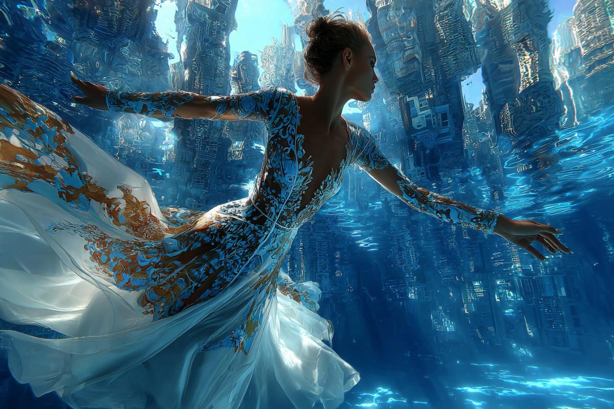 Conceptual fashion editorial, bright contrasting lighting | model as a spatial traveler in a flowing geometric outfit | surreal underwater cityscape with inverted gravity | wide-angle com4k, model floating in focus | Bioluminescent glow using HDR | Smooth architecture; submerged metropolis; immersive framing; enhanced by water lighting; ethereal immersion version 7 stylization 700
