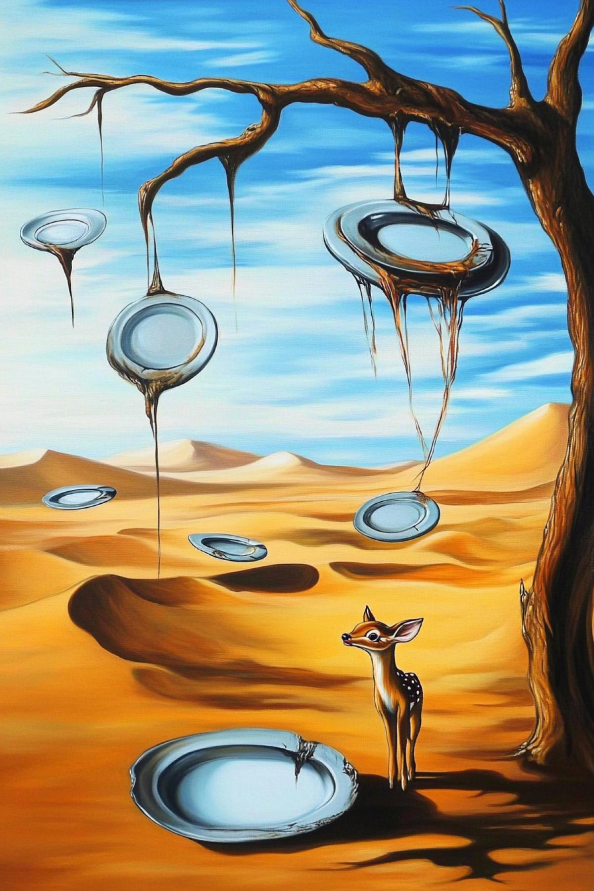 Surrealism in the style of Salvador Dali. A confused fawn Bambi stands in the middle of a desert where empty plates of distorted shape are scattered. Some plates bend and hang from the branches of a dried tree, some plates lie on the sand. The plates melt and flow like liquid, merging with the desert landscape. Hyperrealistic, dreamlike, 8k.