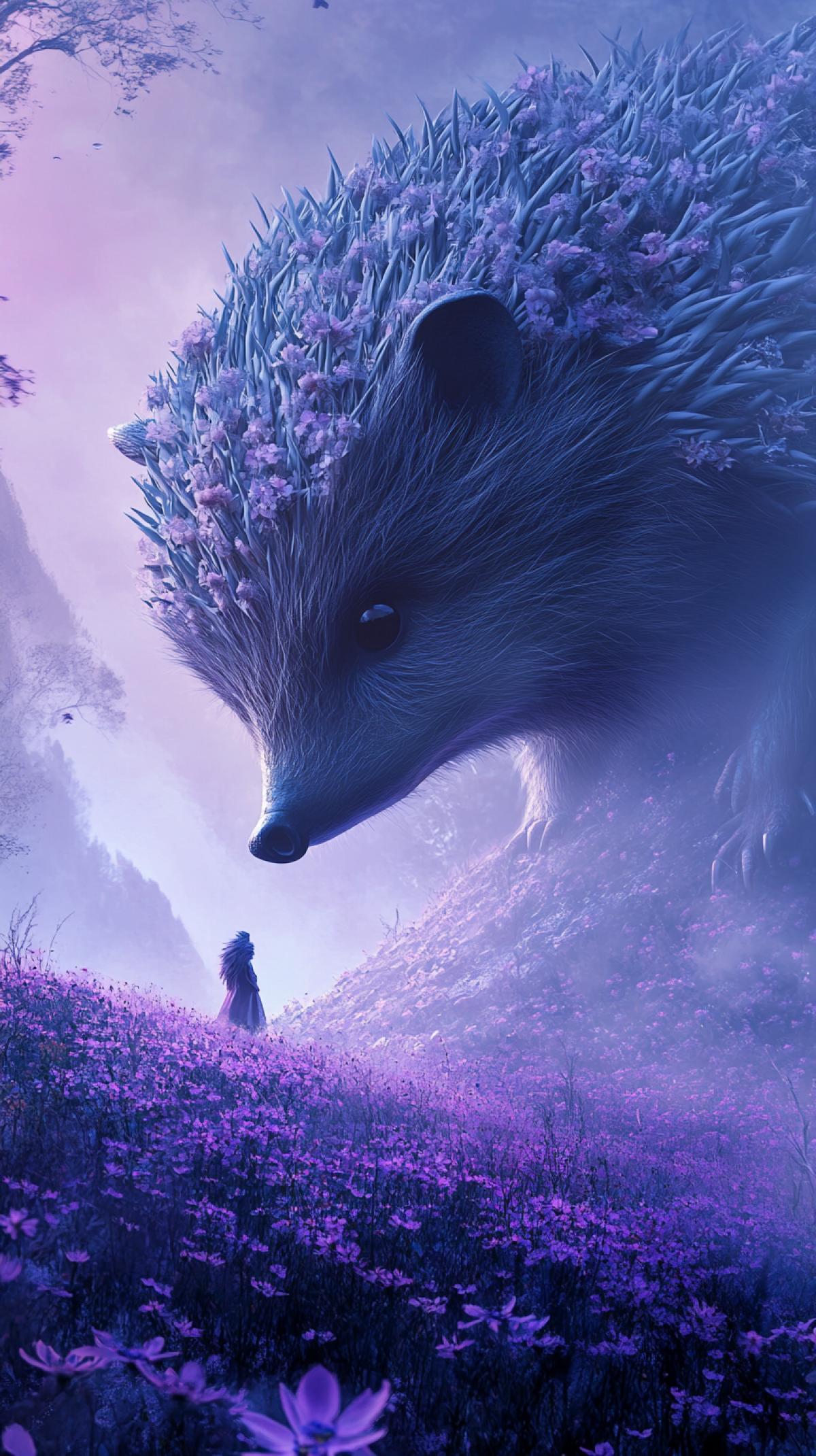 A big mysterious hedgehog towering over a small figure in a foggy, mystical landscape, a vast field covered with delicate purple flowers, a soft, misty atmosphere, ethereal lighting, high detail, cinematic quality, fantasy art, surrealism, magical realism, and a whimsical color palettear 9:16