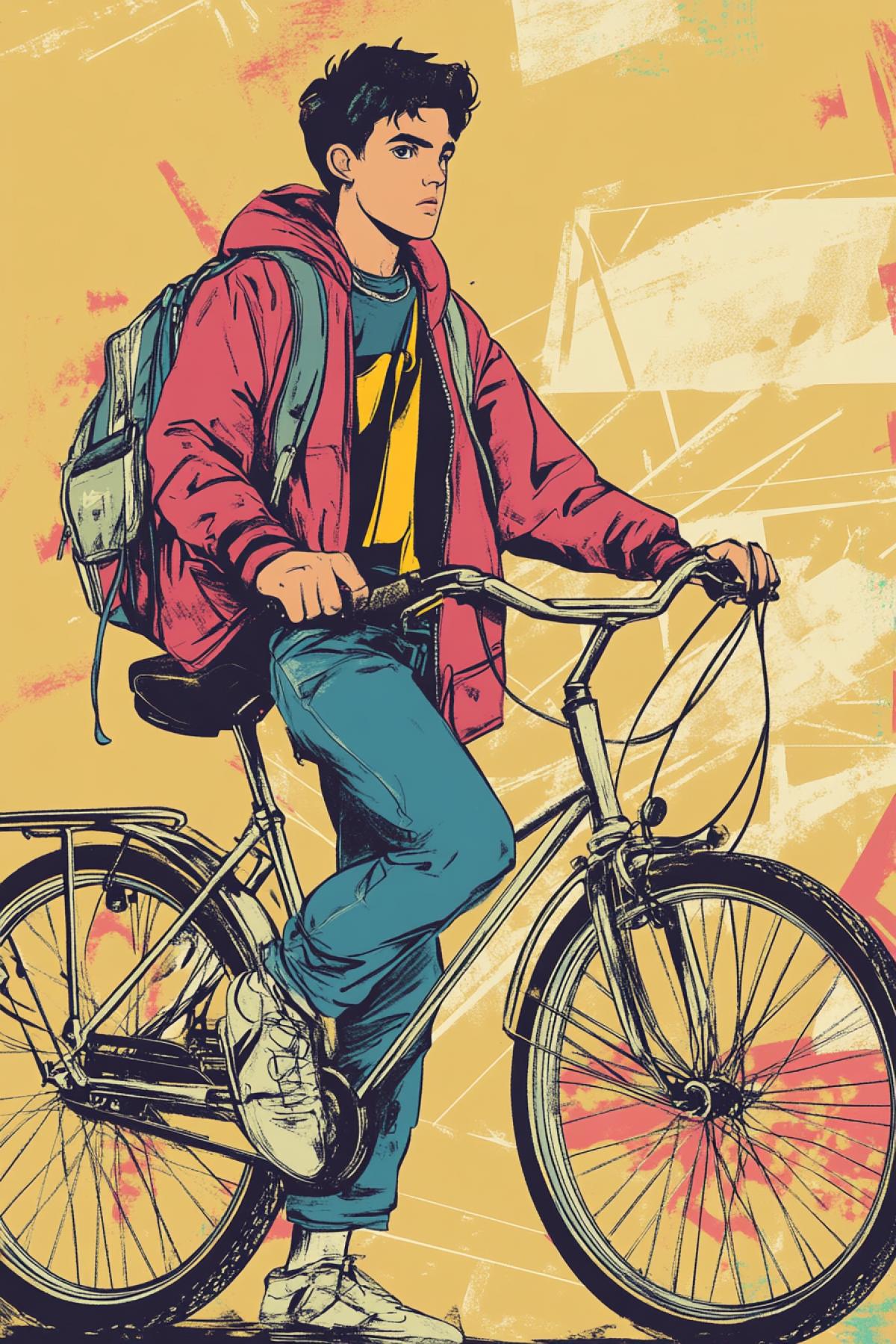 Graphics style of the 90s, a teenager travels on a bicycle and listens to the player, the cover of the magazine