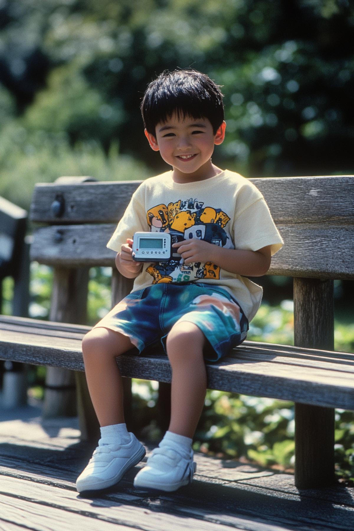 A child of the 90s on a bench, with a pager, plays in Tamagochi.