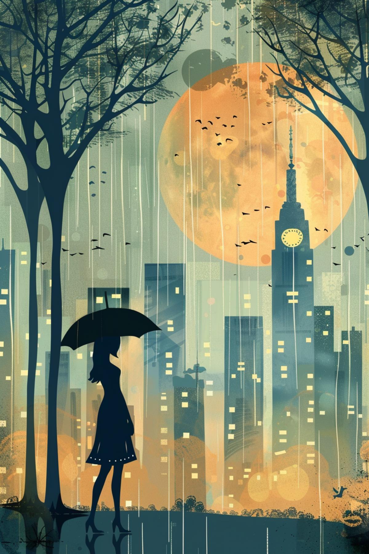 Rainy day, girl with umbrella, rain in the city, rainy city, office district, trees, night, stylish, design chic Mucha Style sref 4212115738 2335 101 profile 5eretw3 stylize 650 niji 6