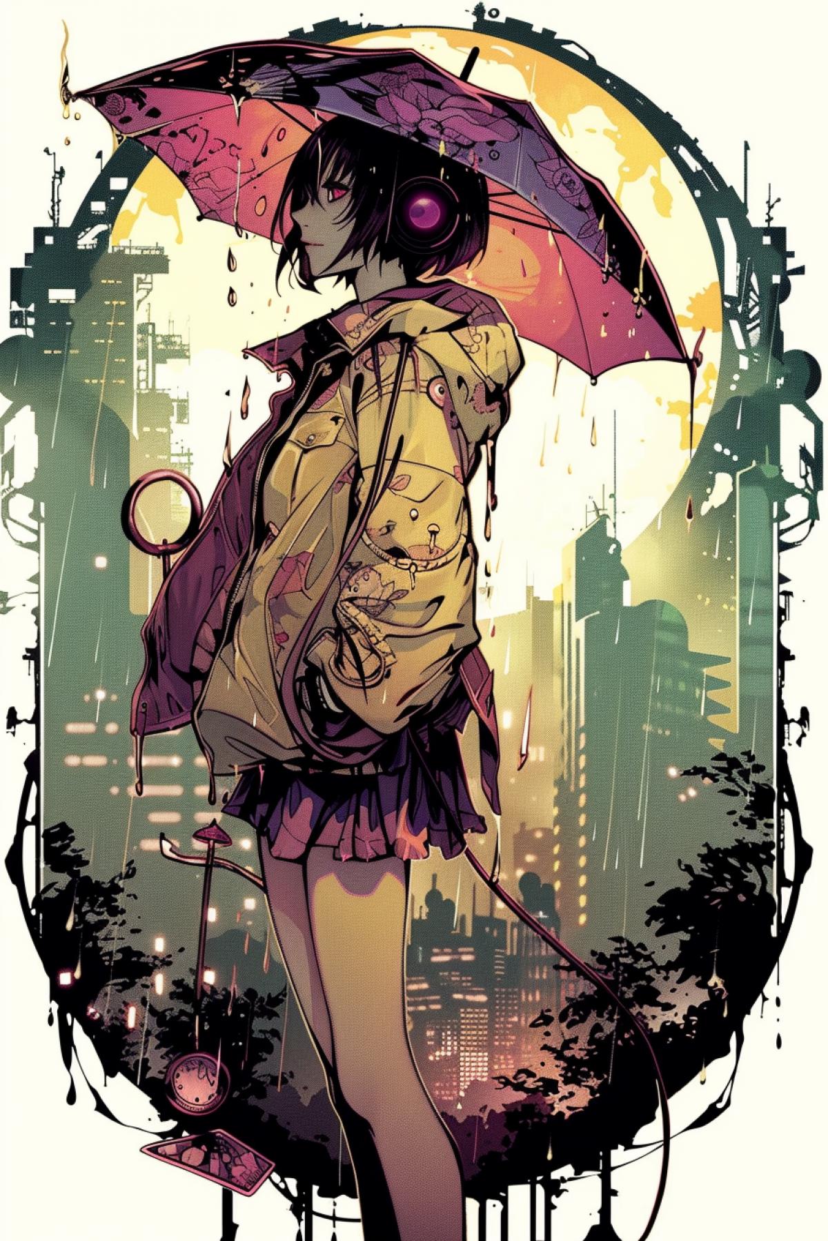Rainy day, girl with umbrella, rain in the city, rainy city, office district, trees, night, stylish, design chic Mucha Style sref 4212115738 2335 101 profile 5eretw3 stylize 650 niji 6