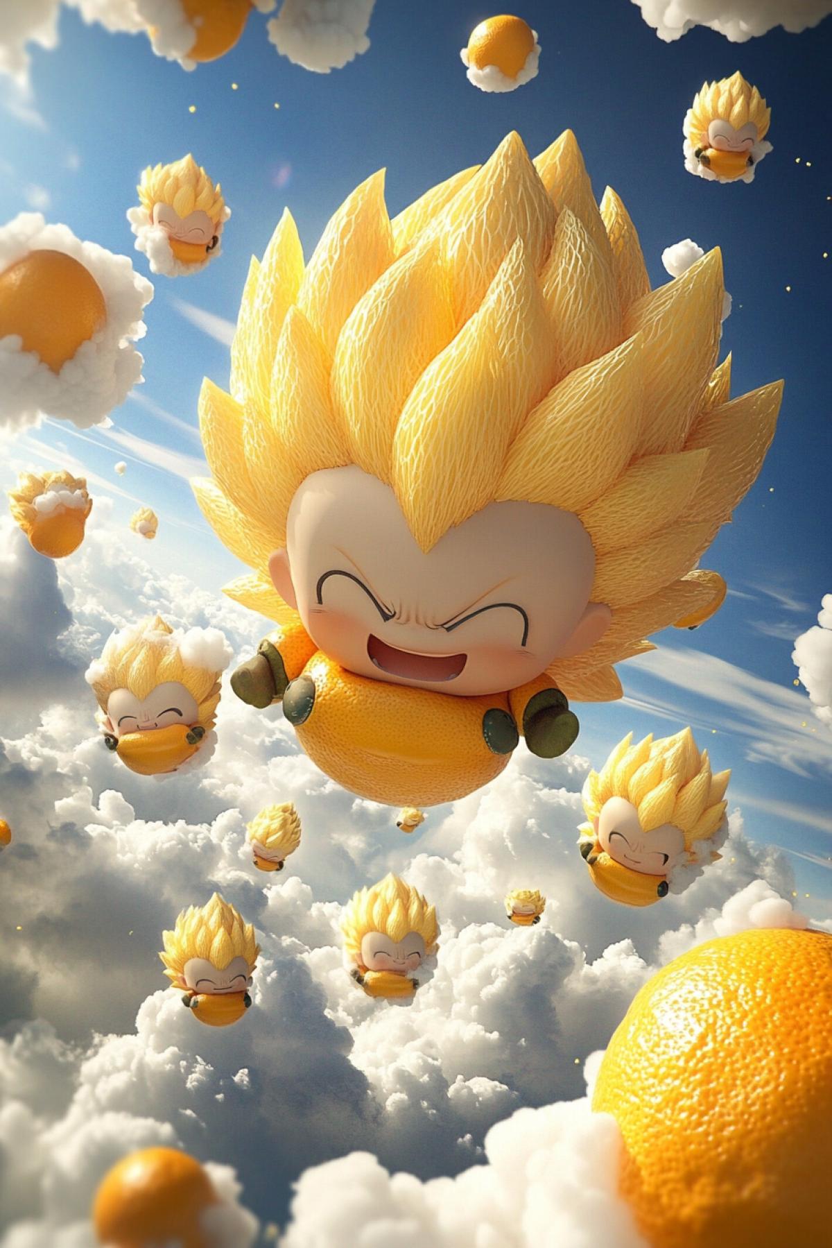 Dragon Ball Super Saiyan stage character-shaped lemons fly on the clouds ar 9:16