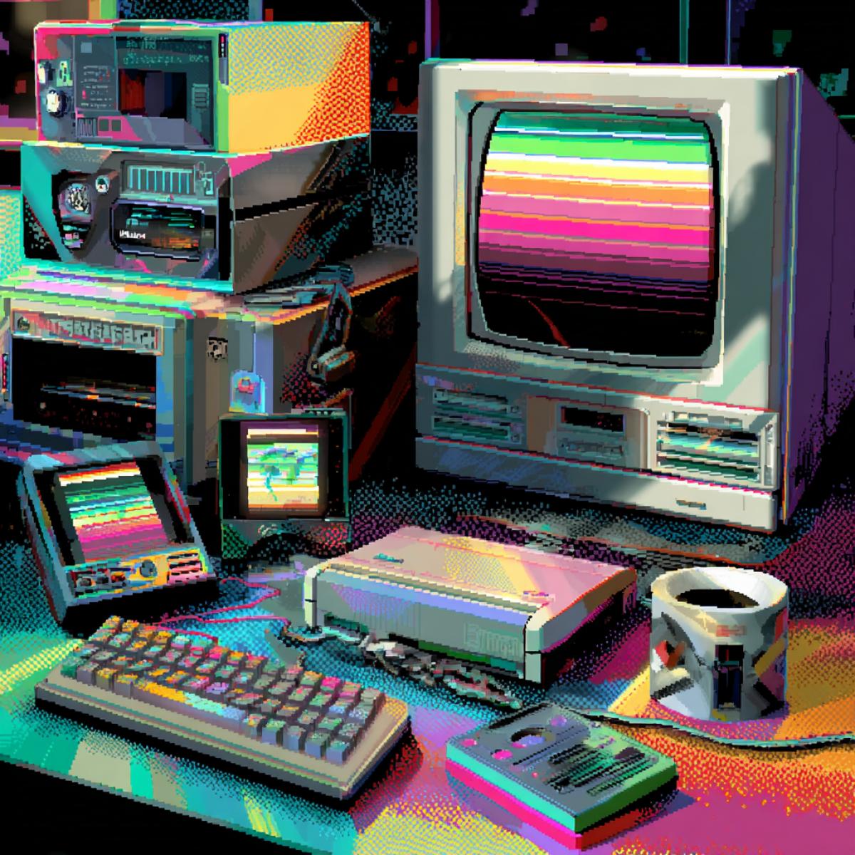 Image with the atmosphere of the late XX century: neon gradients, VHS-shum, CRT screen, pixel art and early Low-Poly 3D. Suitable posters under the CD/cassette, covers of game cartridges, coffee worshipers, Splash screens for Windows 95, arcade scenes. Use the palette of the 90s: fuchsia, turquoise, purple, acid green, chrome/metallic; Add Memphis patterns, airbrush and light glue. Attributes of the era: pagers, tamagochi, diset, portable players, arcade machines.