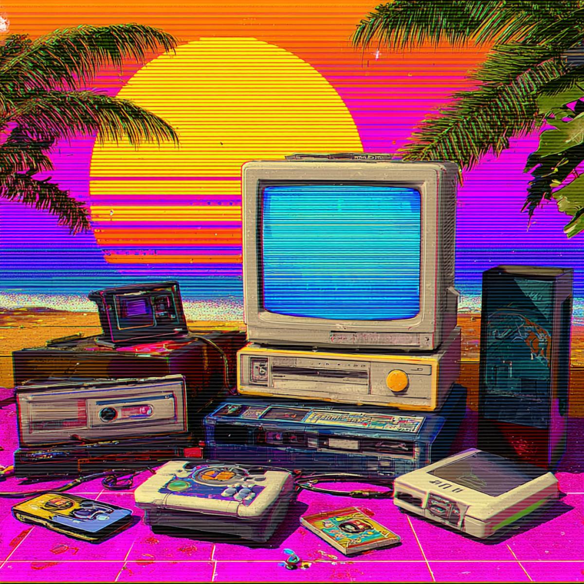 Image with the atmosphere of the late XX century: neon gradients, VHS-shum, CRT screen, pixel art and early Low-Poly 3D. Suitable posters under the CD/cassette, covers of game cartridges, coffee worshipers, Splash screens for Windows 95, arcade scenes. Use the palette of the 90s: fuchsia, turquoise, purple, acid green, chrome/metallic; Add Memphis patterns, airbrush and light glue. Attributes of the era: pagers, tamagochi, diset, portable players, arcade machines.