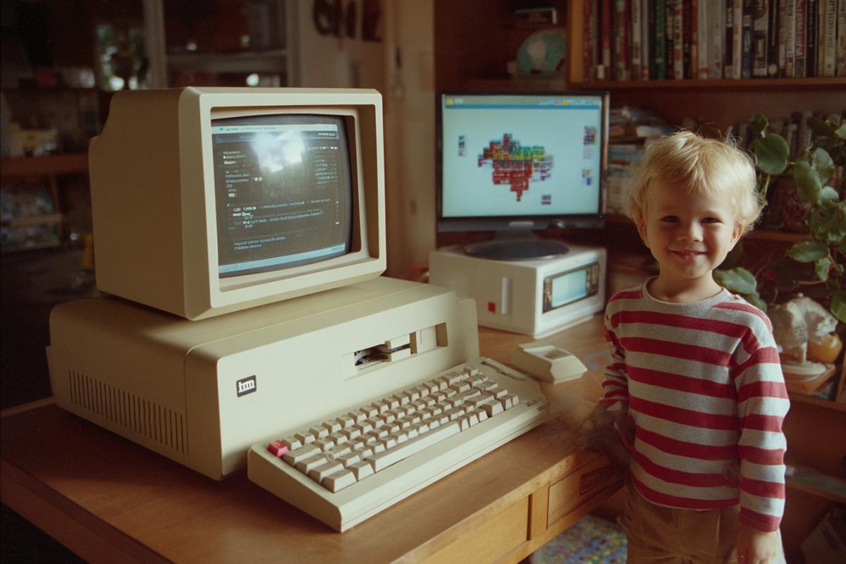 Table. On the table is a new IBM computer in 1990. A happy child is standing nearby. Photo on Polarid.