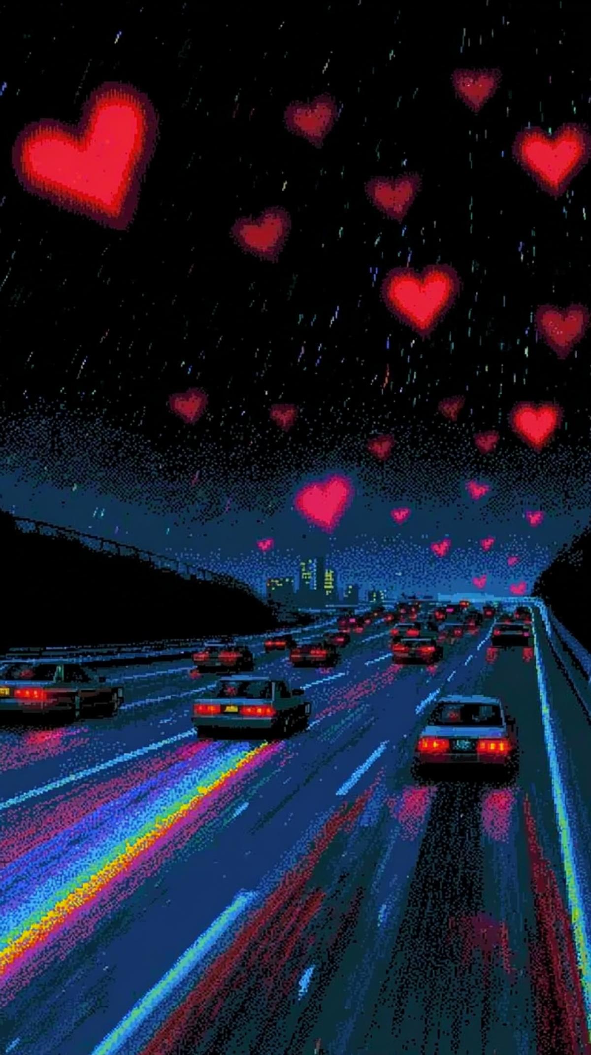 Screenshot of 90s video games, cars driving on the highway with red hearts above them, neon lights, floating in space, in blue and dark colors, pixel style, with aesthetic, nostalgic, glitchy, broken, liminal spaces, crashing graphics, 8-bit textures, in the style of Retro Video magazine, 2D Game Art.