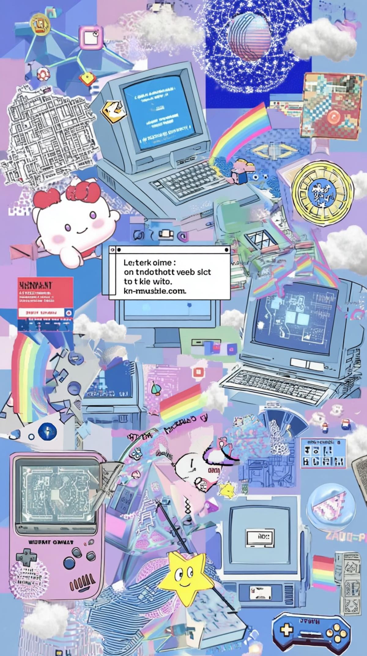 An early internet collage with various digital elements from the 1990s, such as early computer monitors displaying the text \"Let me know on the website,\" high-tech elements like circular circuit boards, and a soft, crystal-blue color palette, as well as classic cartoon characters like Shrimp or Hello Kitty Sanrio, Kawaii, and a variety of stickers. The background should feature early video game graphics with large pixelated stars and clouds. Add vintage 8-bit technology symbols and other nostalgic motifs to complete your design. all elements fit smoothly into one canvas.