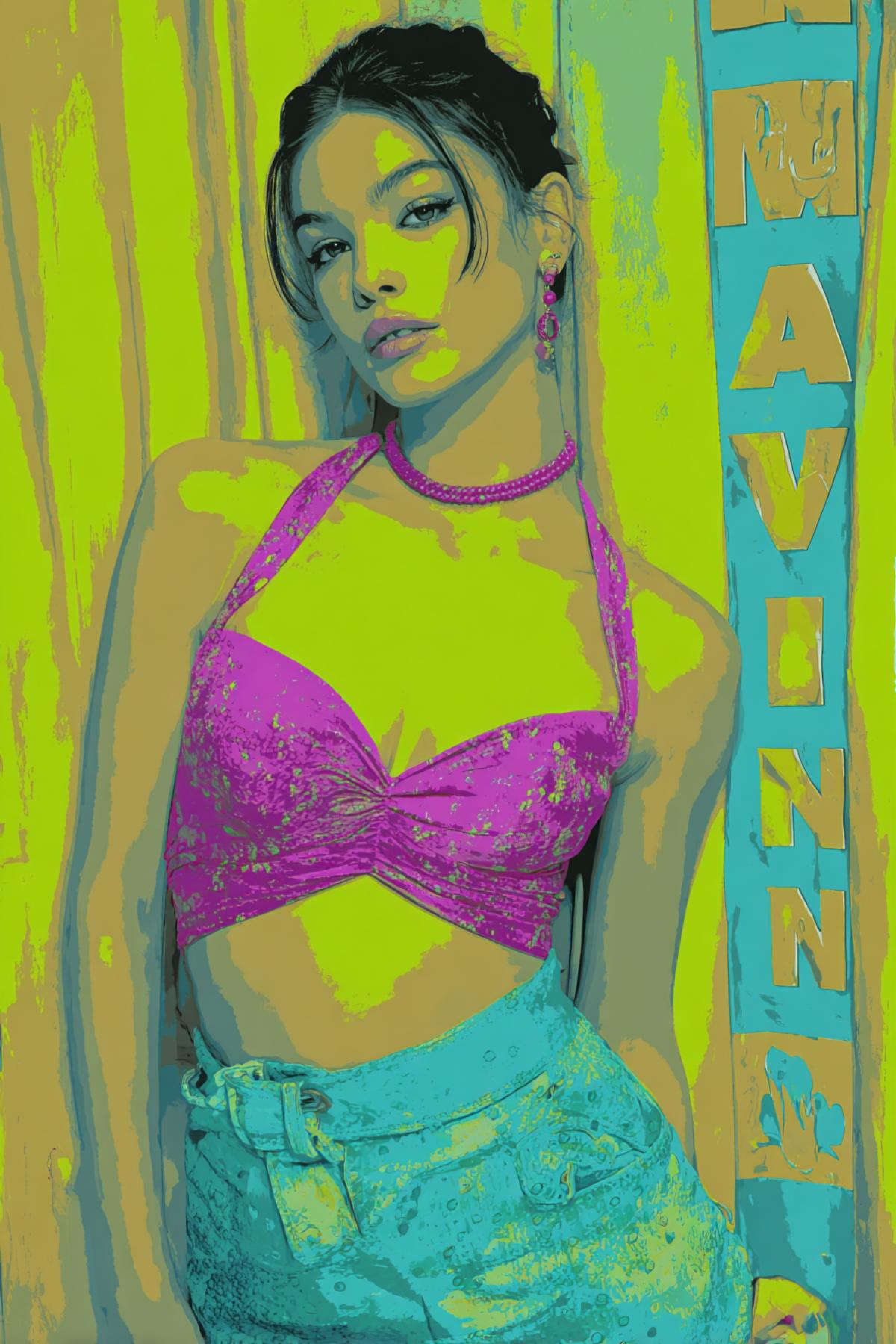 young beautiful girl wearing cyan mini jeans skirt and fuchsia top on the background of lime colour curtain text \"Mavin\" 1995 fashion show parody 3d il ration graphics drawing pixels comics