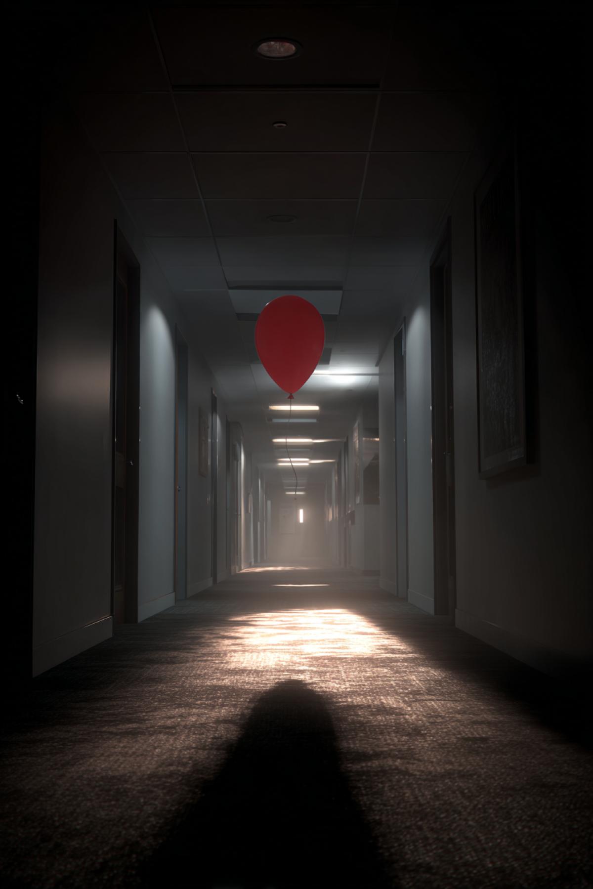 A liminal space an empty, endless suburban corridor with identical doors and faded carpet. In the foreground, a childs red balloon floats motionless in the air, defying gravity. The scene is lit by the sickly glow of flickering fluorescent lights, creating long, distorted shadows. Cinematic, wide angle shot, hyperrealistic, eerie silence, sense of dread and unresolved mystery.