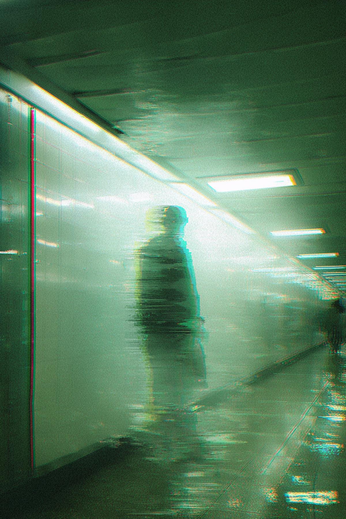 A ghostly, glitched human silhouette made of static and digital artifacts, emerging from the wall of a modern subway station. A lone commuter watches in shock, reflected in a polished surface. The fluorescent lights buzz and flicker with a corrupted green hue. Cinematic photo, glitch art, chromatic aberration, VHS noise, tense atmosphere.