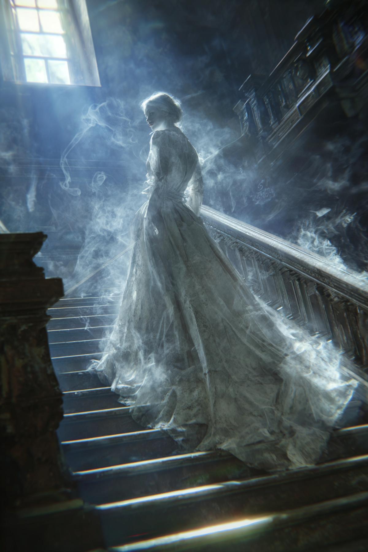 A majestic, ghost of a Victorian lady in a tattered white gown, slowly gliding down the grand staircase of a dusty, abandoned mansion. Moonlight pierces through a broken window, illuminating her ethereal form and the swirling dust motes around her. She is semi-transparent, luxury the banister behind her, with a soft, melancholic glow. Cinematic, anamorphic lens flare, hyper-realistic, hauntingly beautiful, atmosphere of silent sorrow and lost time.
