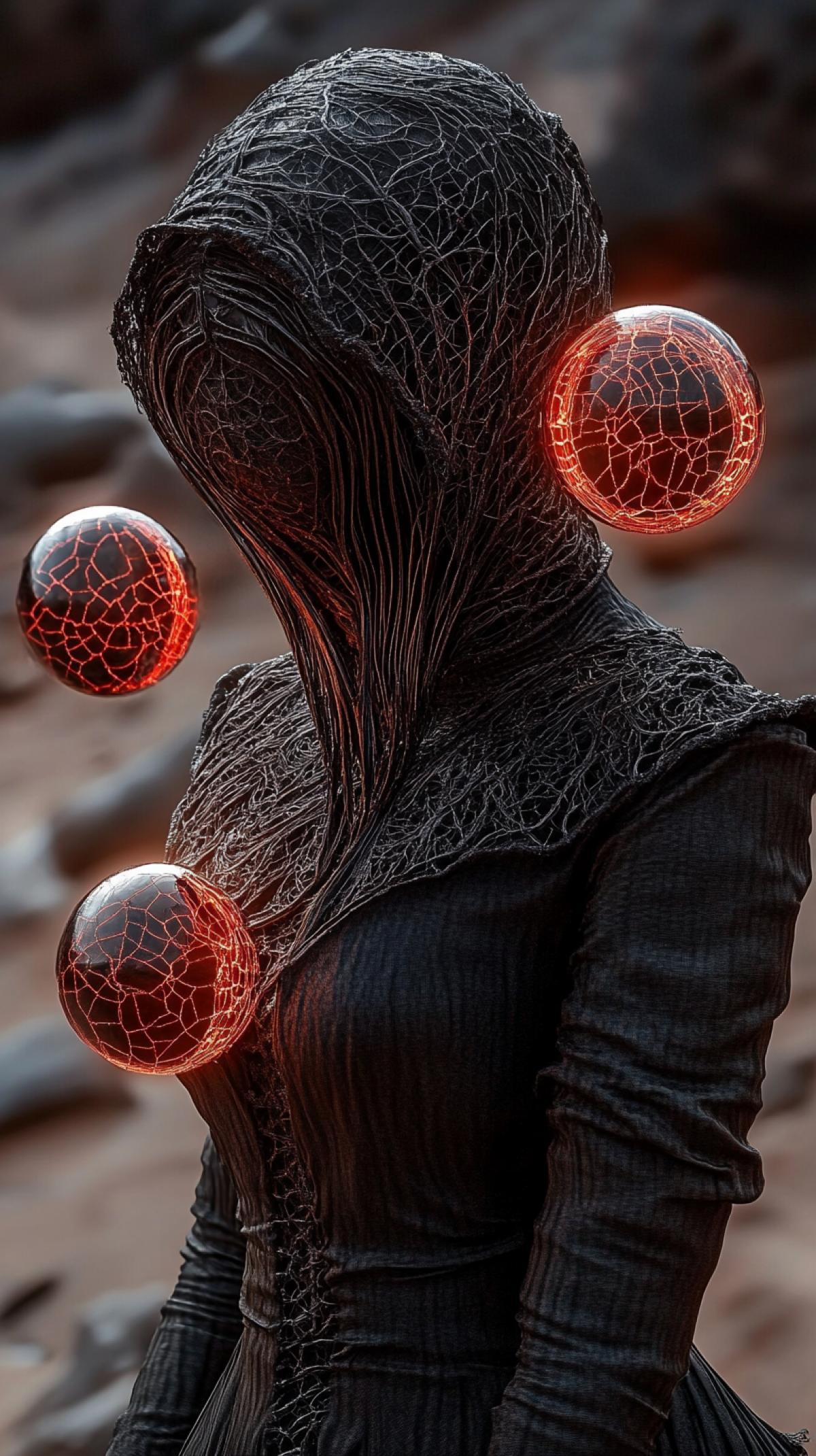alien woman, elongated head, perforated dark dress, levitating chrome orbs, arid desert, retrofuturism, coolist fashion textures, sharp daylight shadows, surreal sci-fi elegance