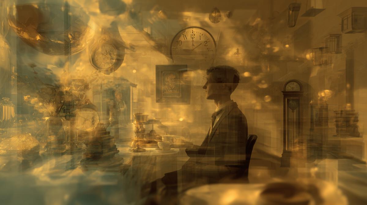 Proust Phenomenon Conceptual surrealism | Symbolic figure experiencing vivid memory triggered by scent or taste | Abstract interior or dreamlike café setting with floating objects and nostalgic motifs | Medium shot with soft focus and layered visual metaphors | Warm, diffused lighting with golden undertones and temporal haze | Memory fragments; sensory triggers; emotional depth ar 16:9  exp 3  v 7  quality 4  stylize 50