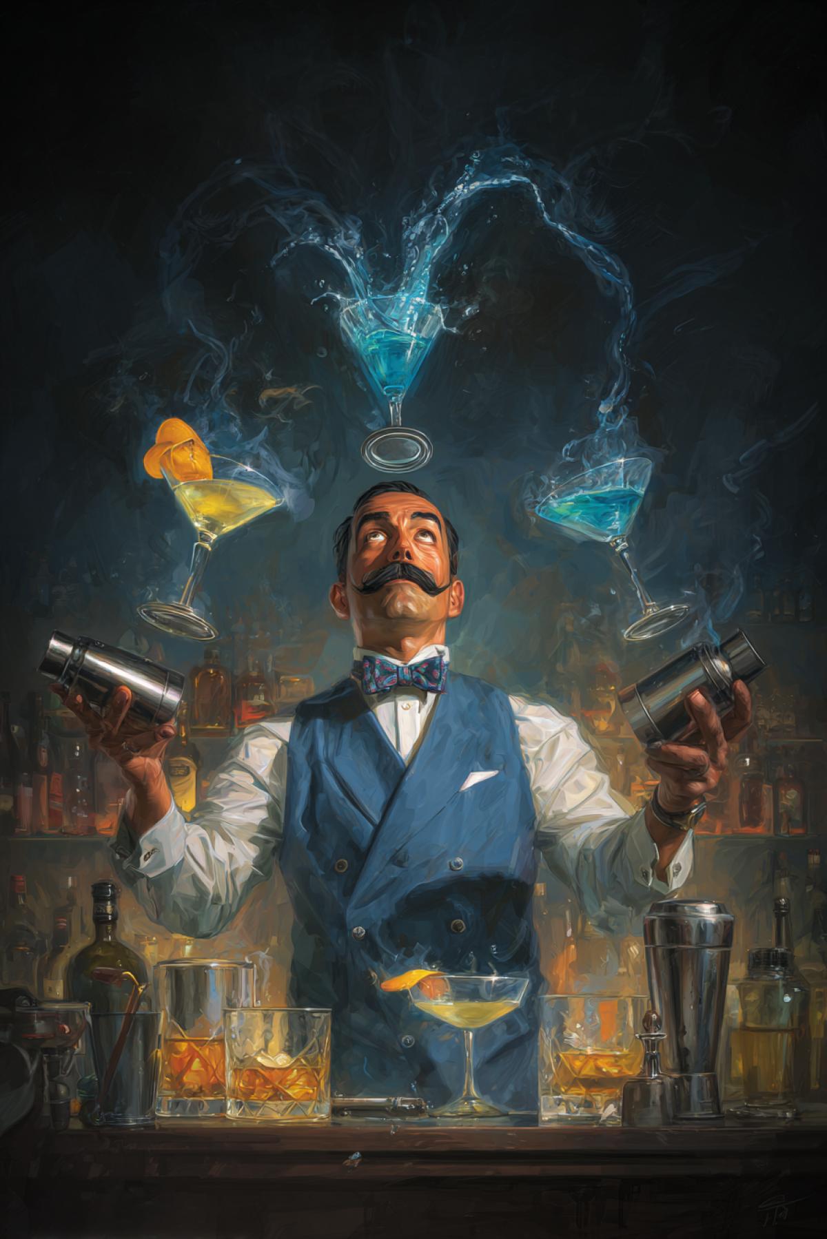 A hilarious photorealistic scene: A supremely confident, bored-looking bartender with a magnificent mustache is casually juggling four cocktail shakers at once, while a perfect arc of blue liquid pours from one into a distant glass. A slice of orange peel is comically suspended in mid-air. Dramatic backlighting from the bar shelves, reflections in glass, smoke, and a single bead of sweat on the bartenders forehead.