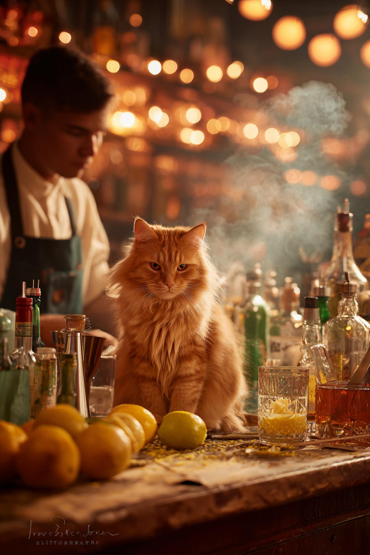 A humorous cinematic shot in a cozy, moodily lit bar. A fluffly ginger cat in a tiny bartender apron sits sternly on the counter, \"supervising\" a real bartender who is carefully preparing a smoky cocktail. The cat has one paw authoritatively resting on a lemon, as if claiming it. Bokeh lights, reflections in numerous bottles, citrus zest, and a sense of playful chaos.