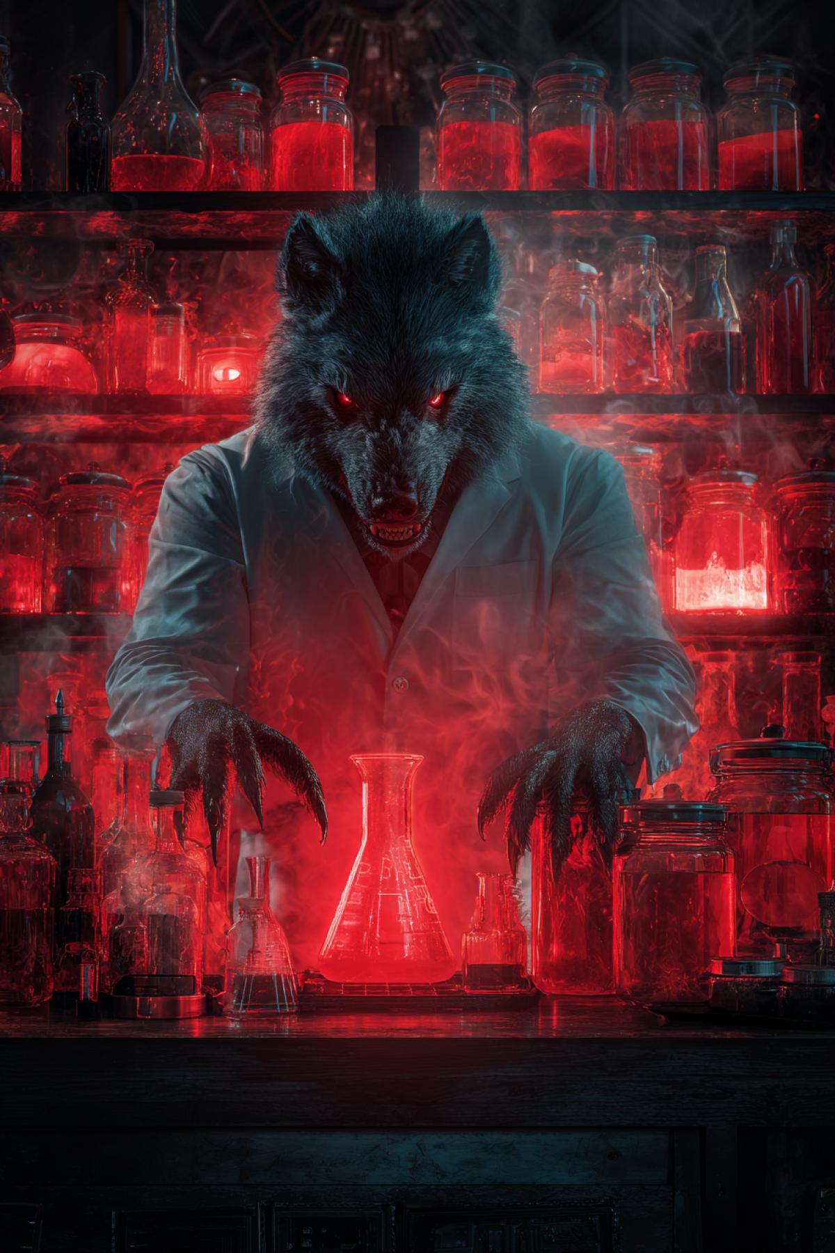 Werewolf wolfs head and claws bartender in epic 4k behind the bar on the background of shelves full of jars with red liquid mixing diabolic drink mystic light luxury cafe vampires around